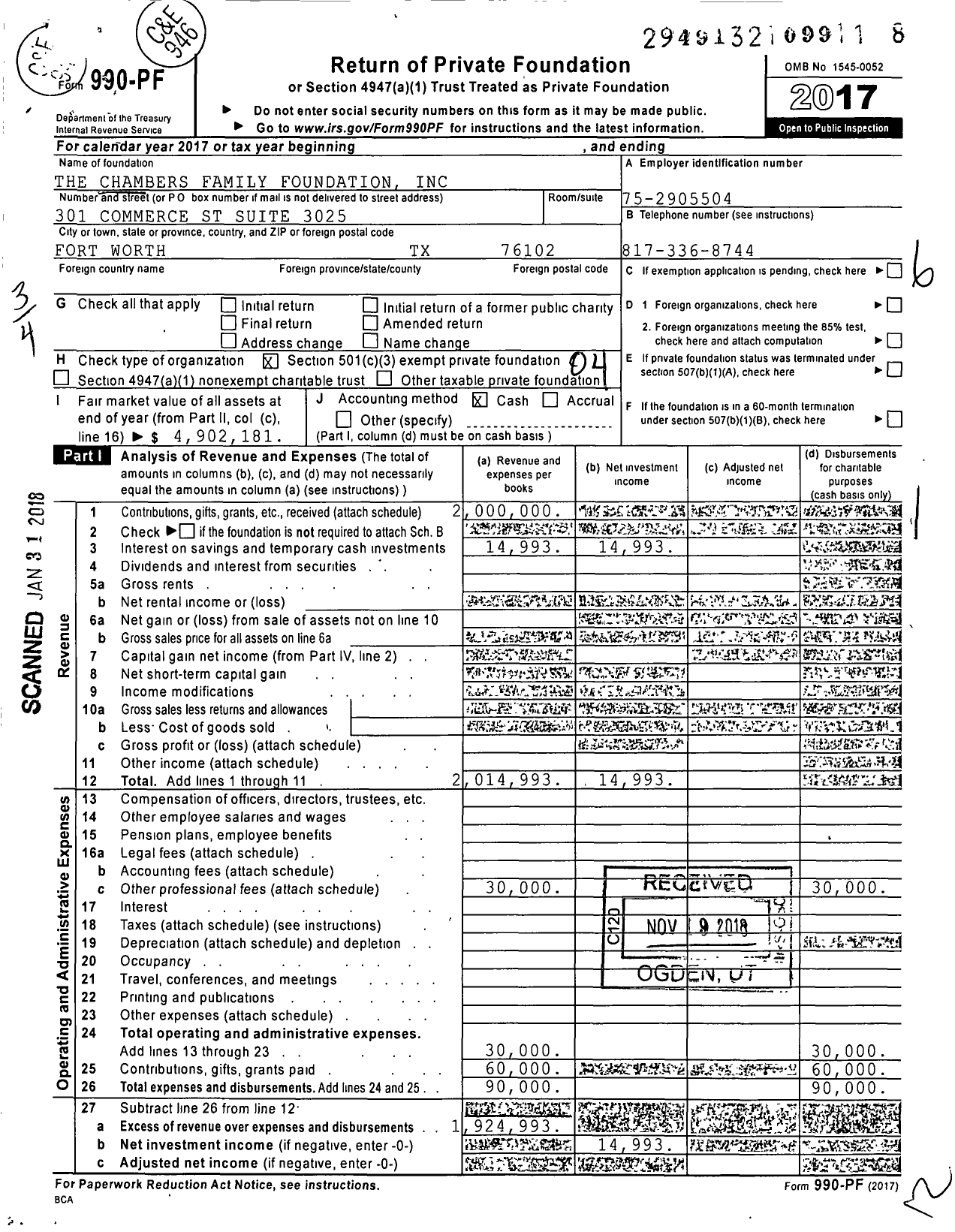 Image of first page of 2017 Form 990PF for The Chambers Family Foundation