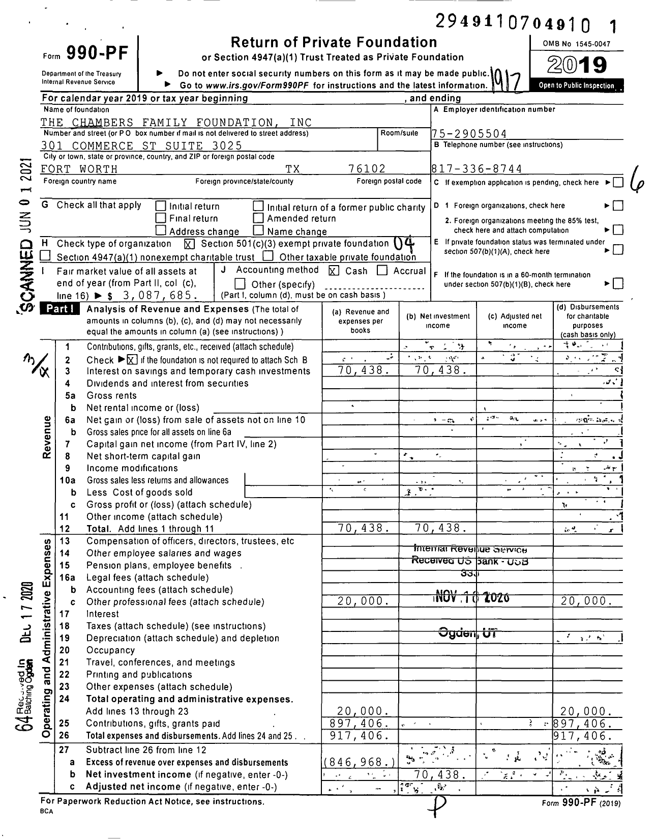 Image of first page of 2019 Form 990PF for The Chambers Family Foundation