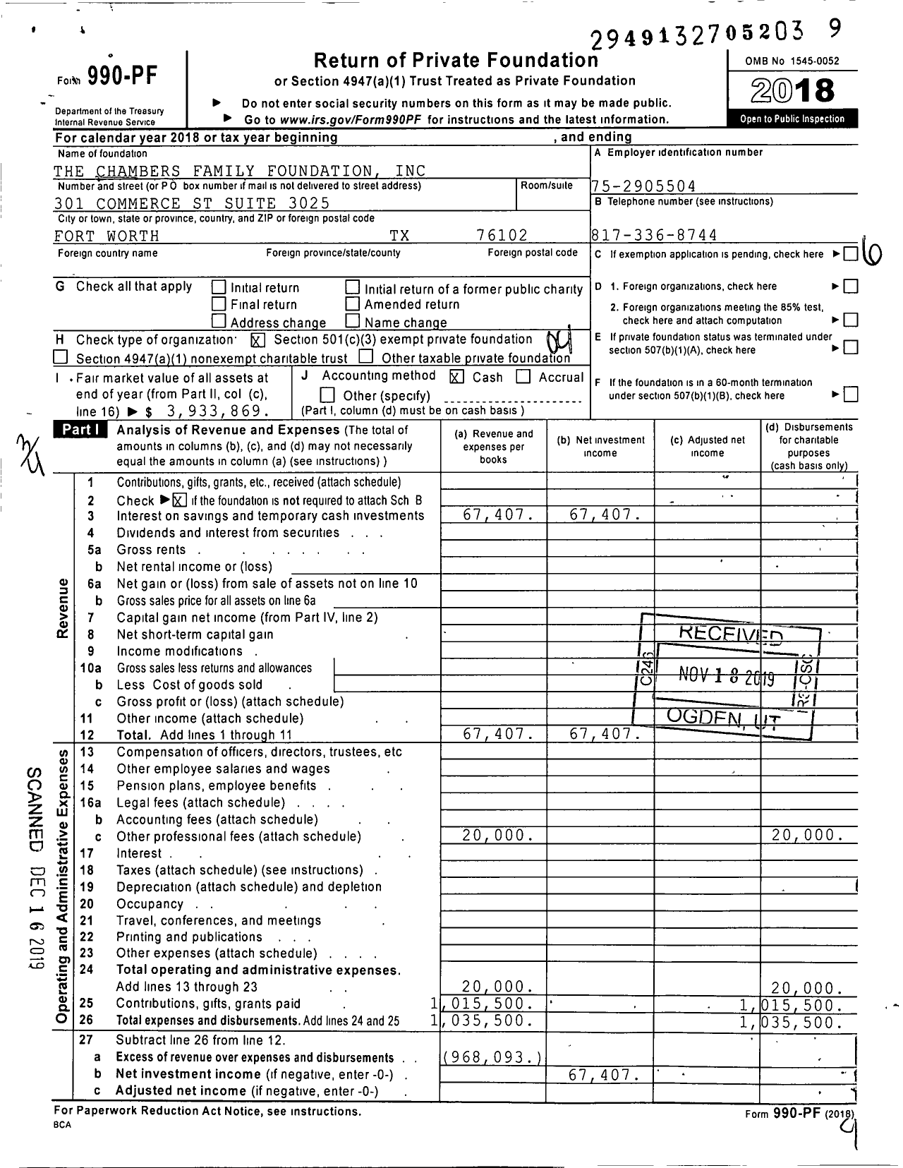 Image of first page of 2018 Form 990PF for The Chambers Family Foundation