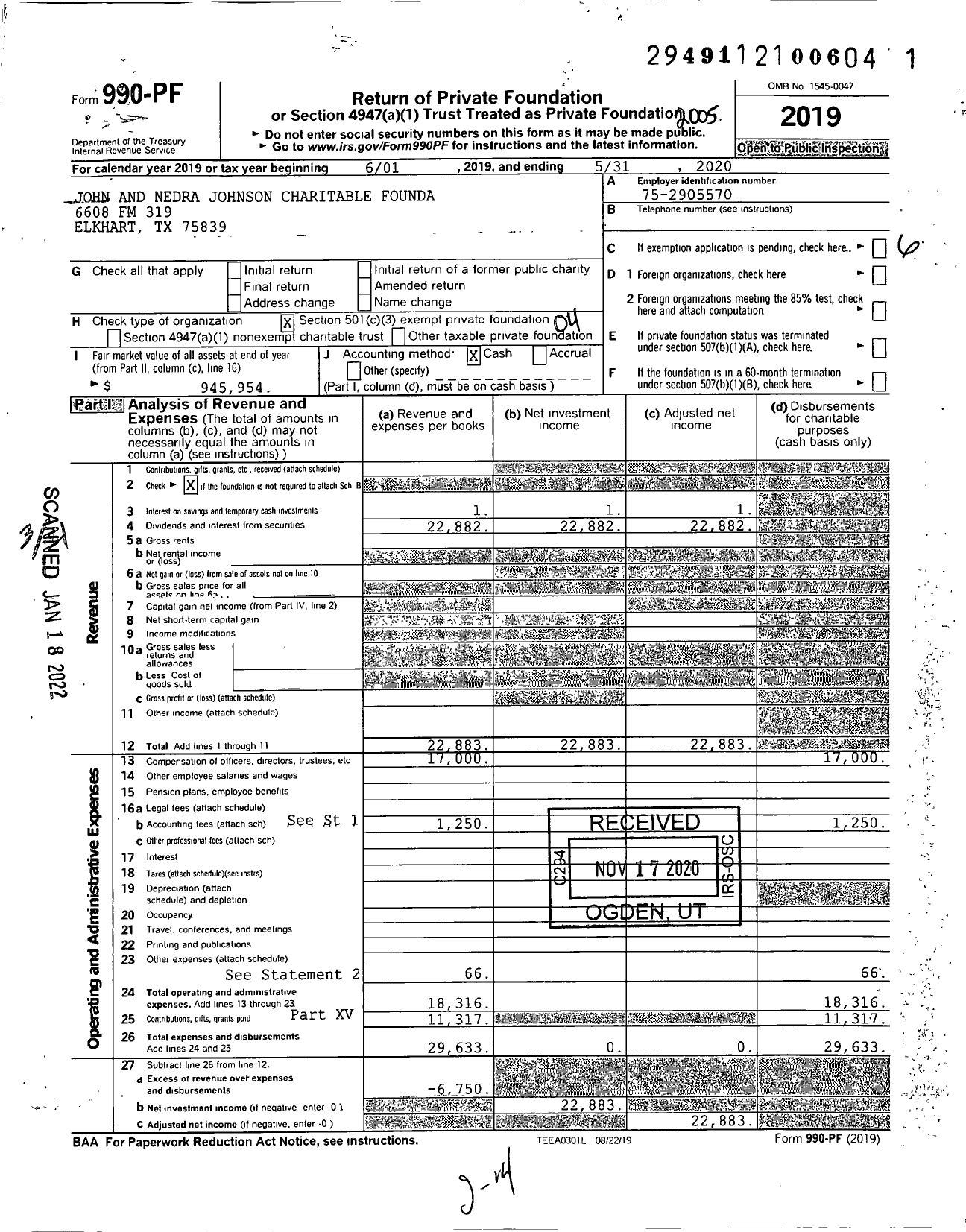 Image of first page of 2019 Form 990PF for John and Nedra Johnson Charitable Foundation