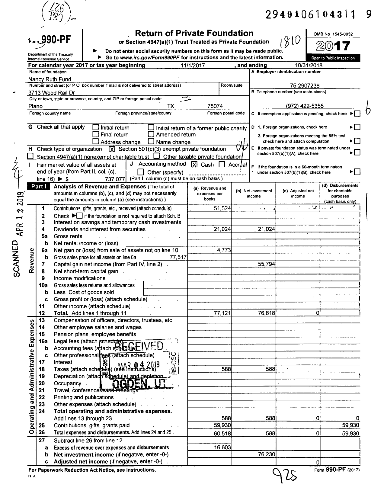 Image of first page of 2017 Form 990PF for Nancy Ruth Fund