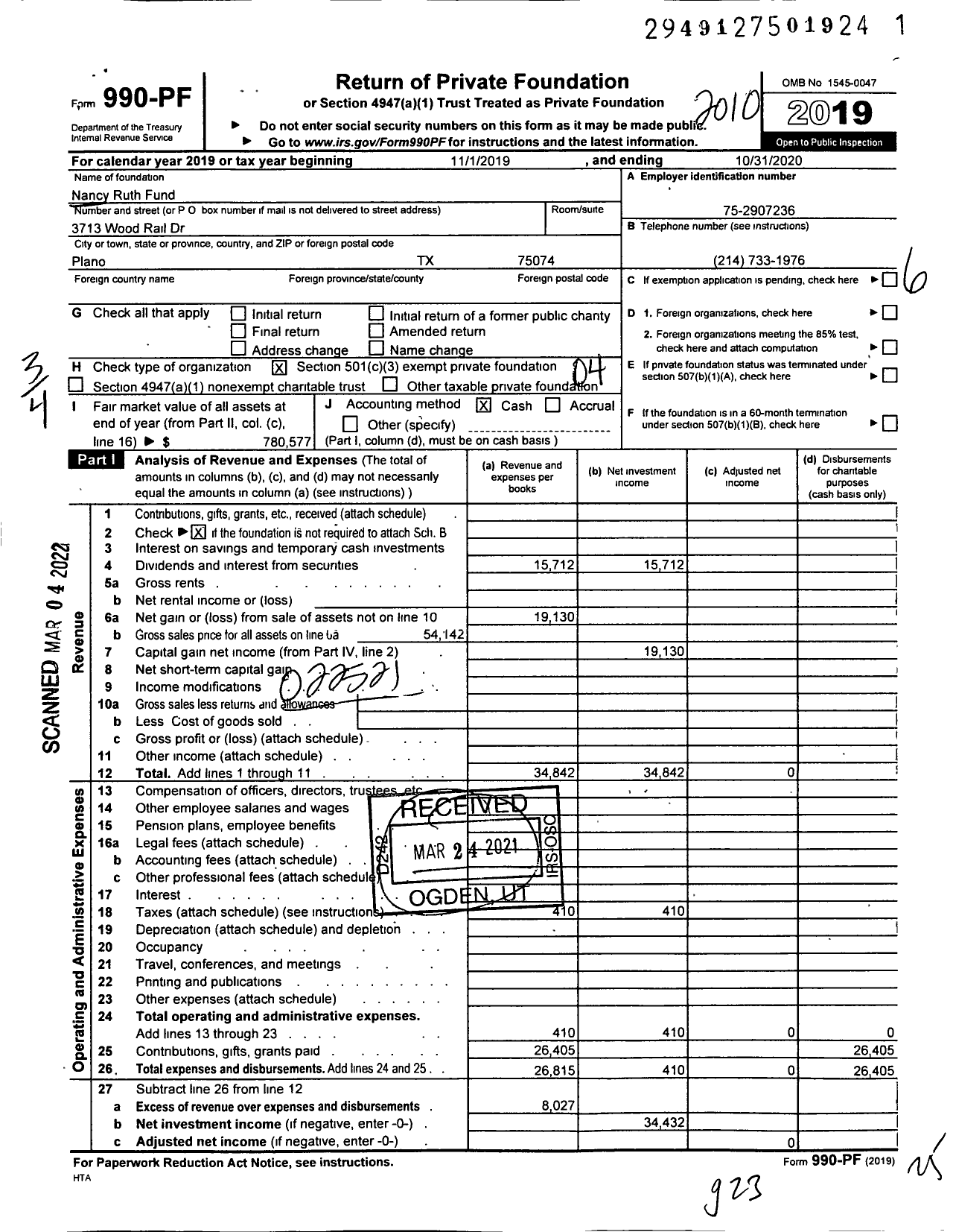 Image of first page of 2019 Form 990PF for Nancy Ruth Fund