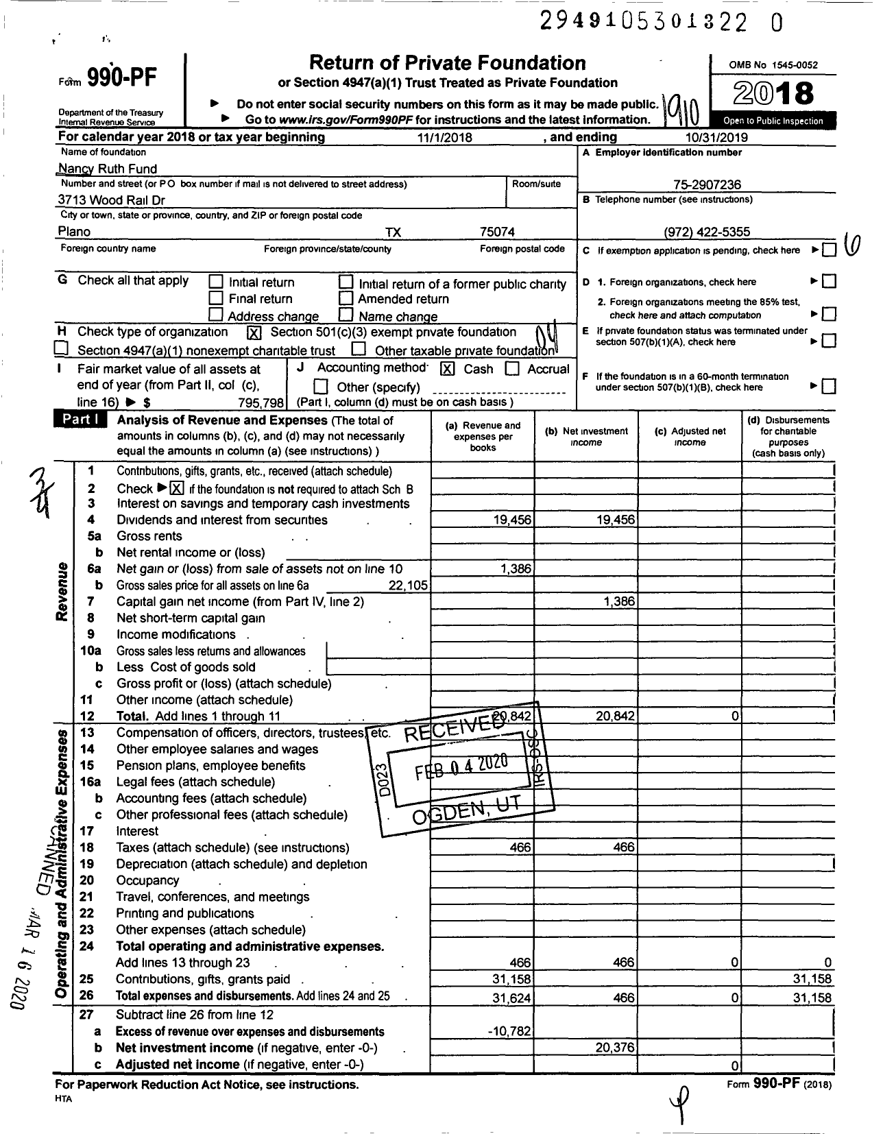 Image of first page of 2018 Form 990PR for Nancy Ruth Fund