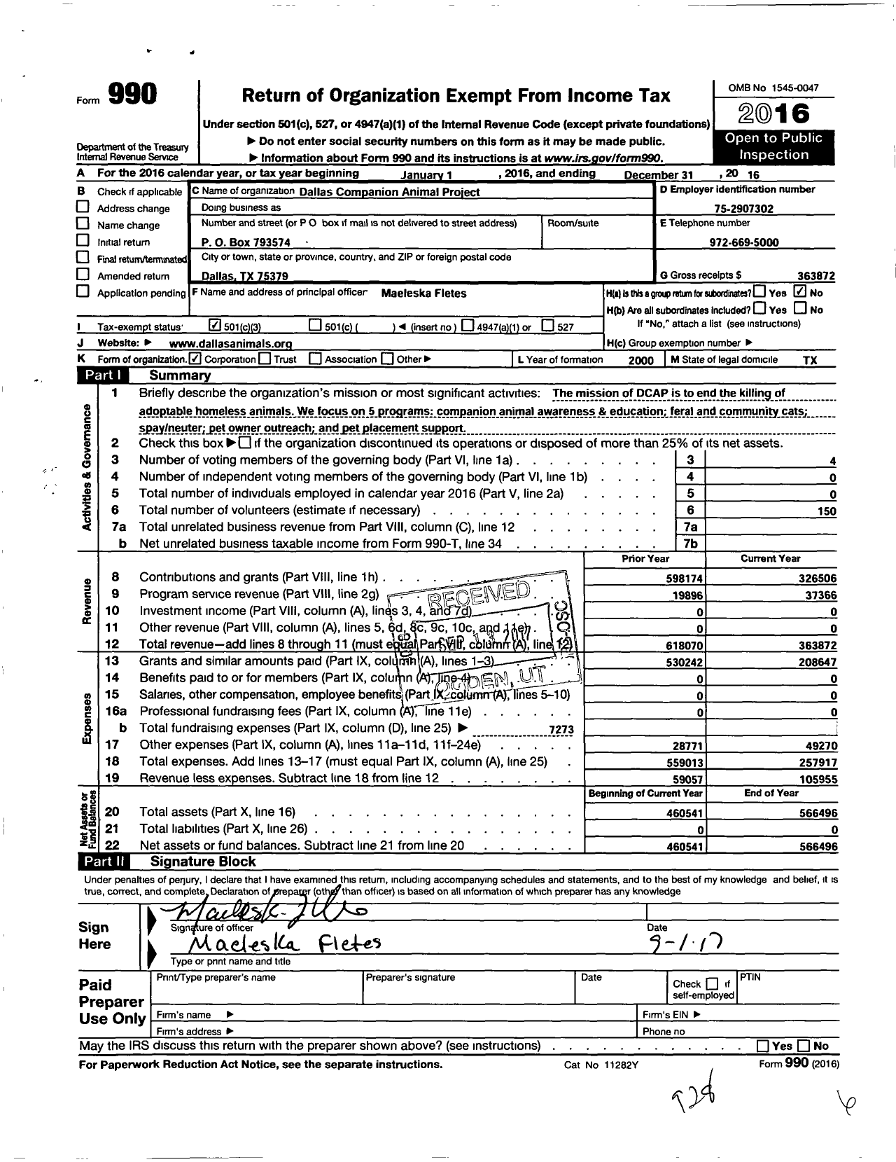 Image of first page of 2016 Form 990 for Dallas Companion Animal Project