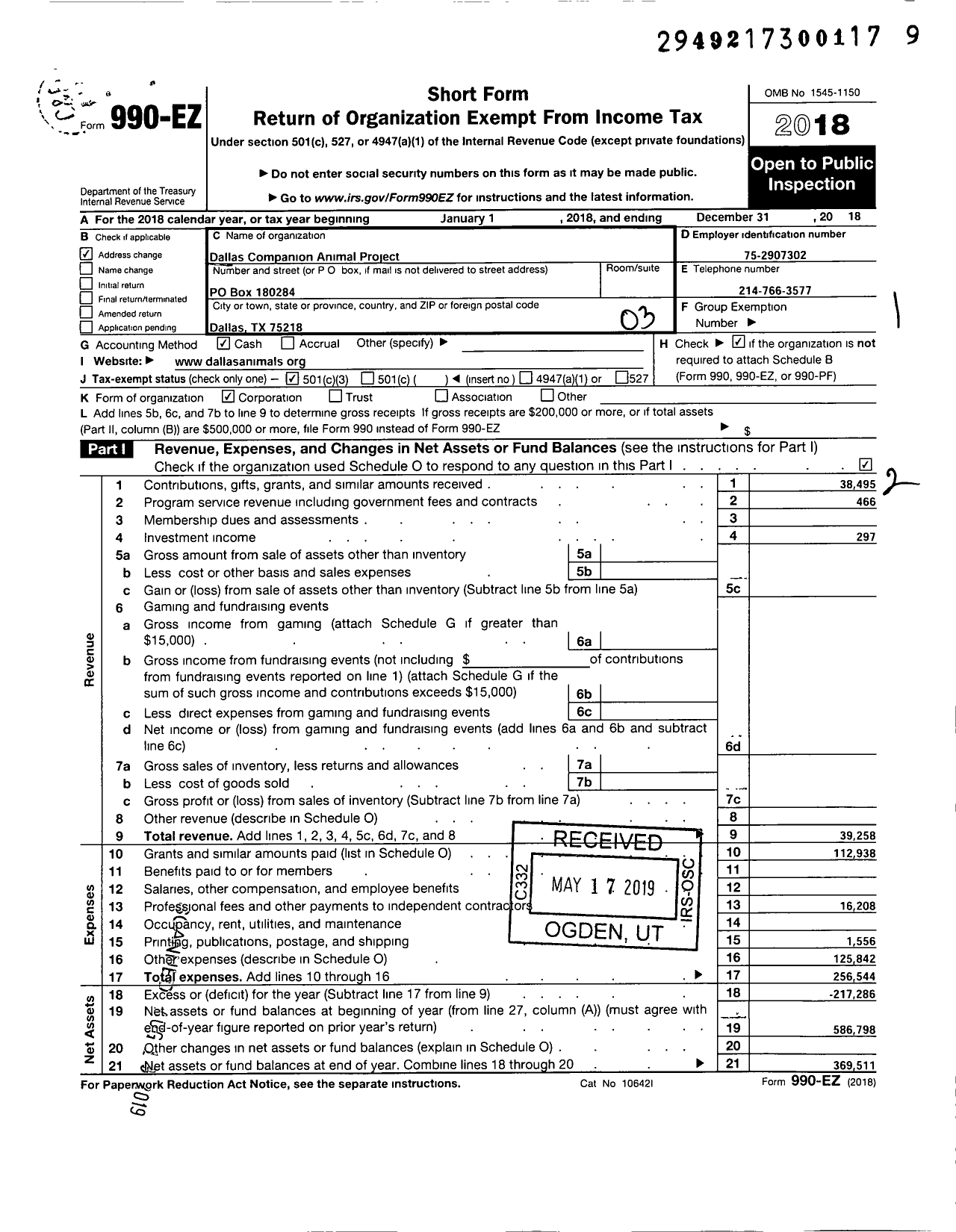 Image of first page of 2018 Form 990EZ for Dallas Companion Animal Project