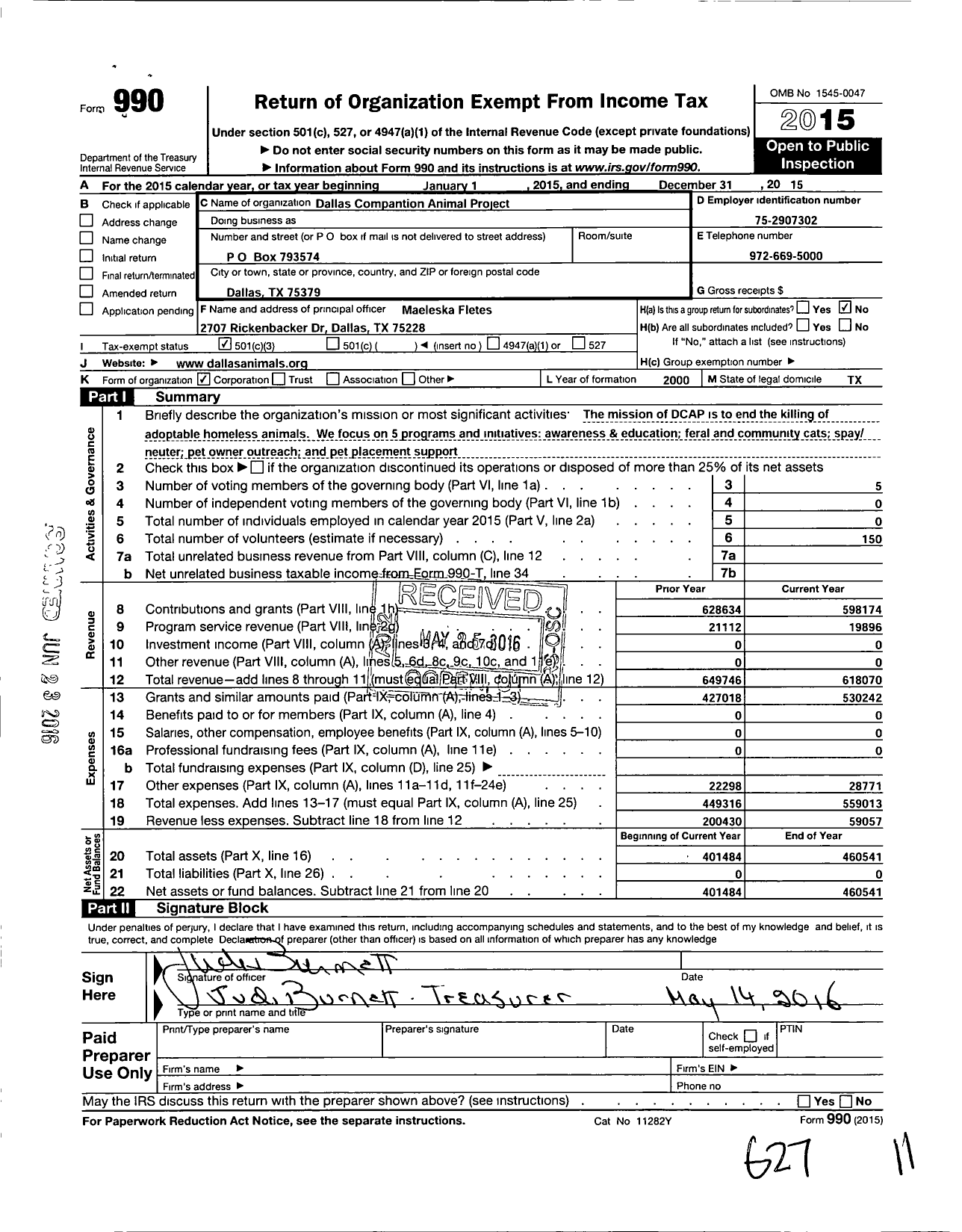 Image of first page of 2015 Form 990 for Dallas Companion Animal Project