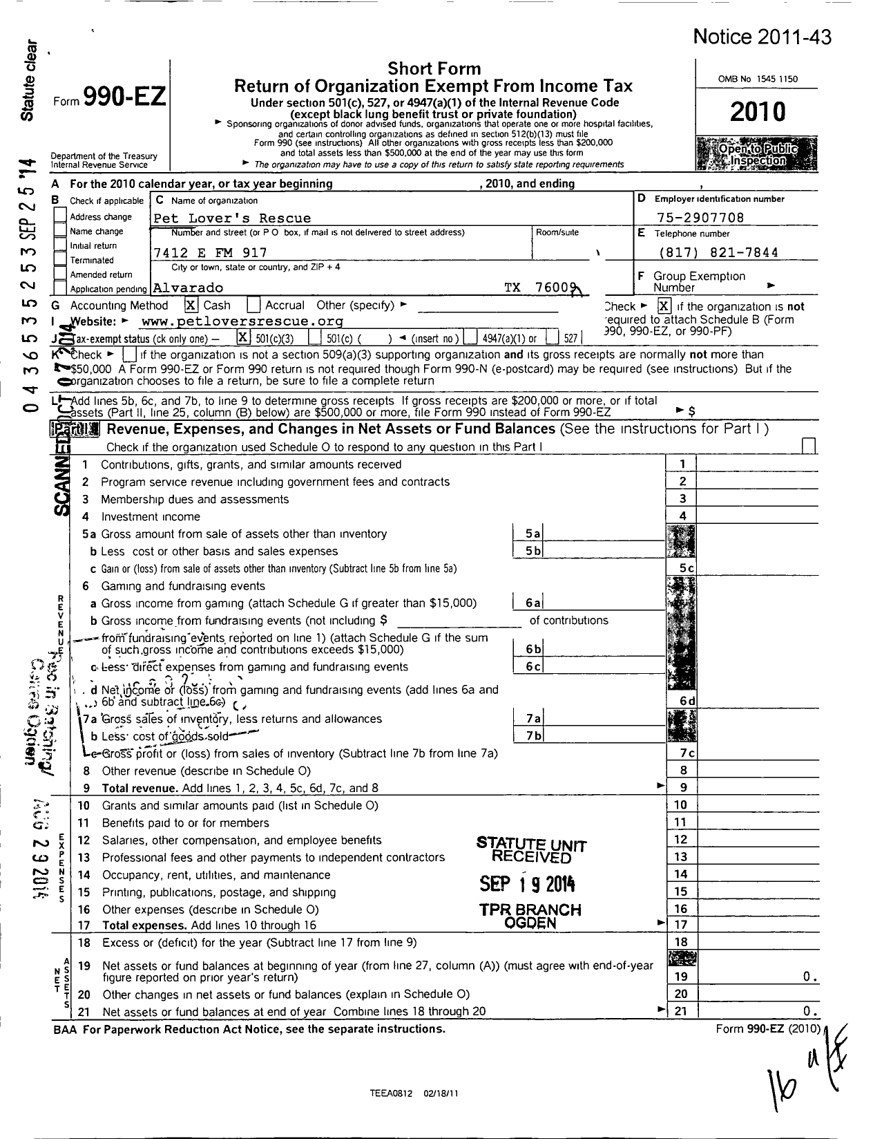 Image of first page of 2010 Form 990EZ for Pet Lover's Rescue