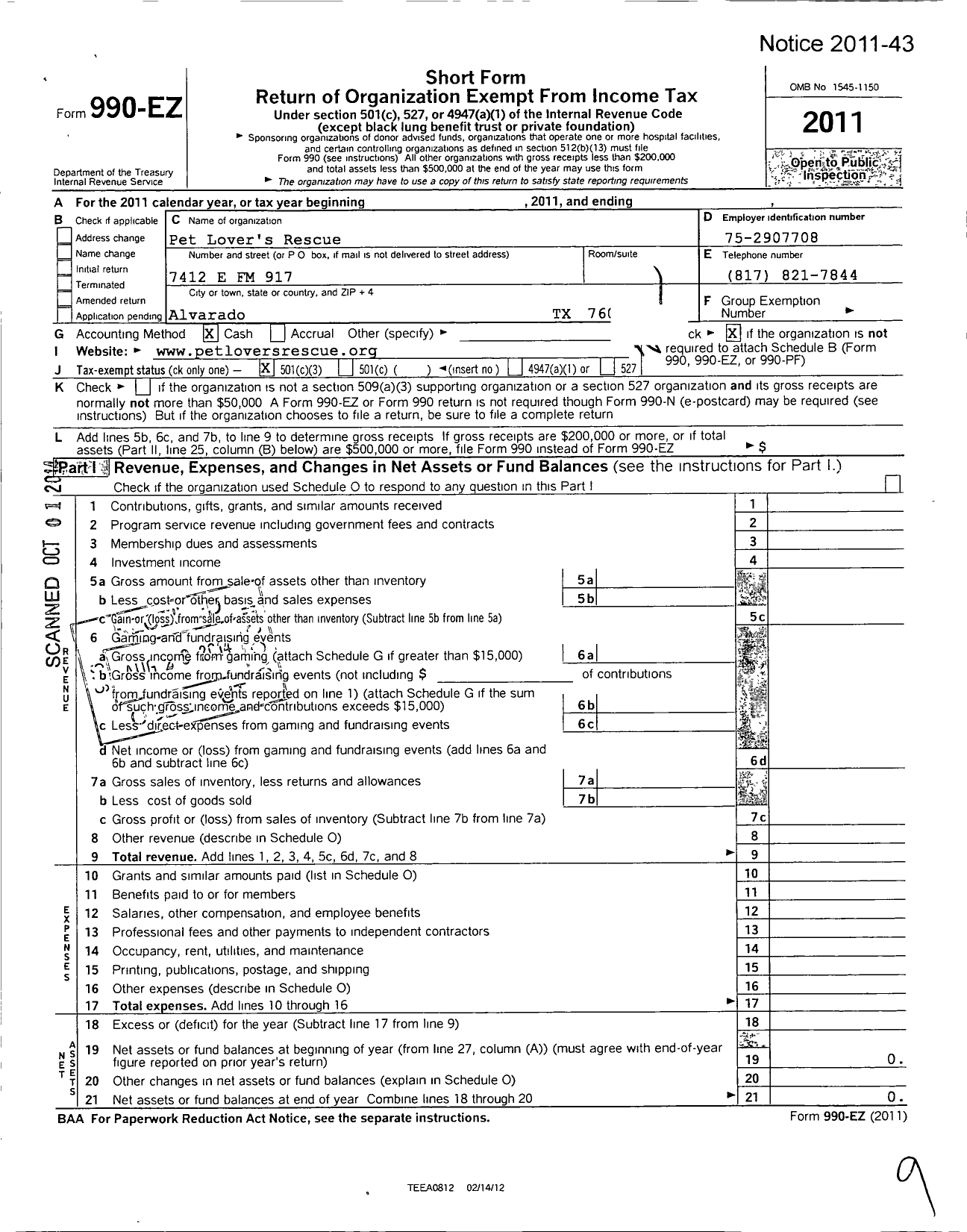 Image of first page of 2011 Form 990EZ for Pet Lover's Rescue