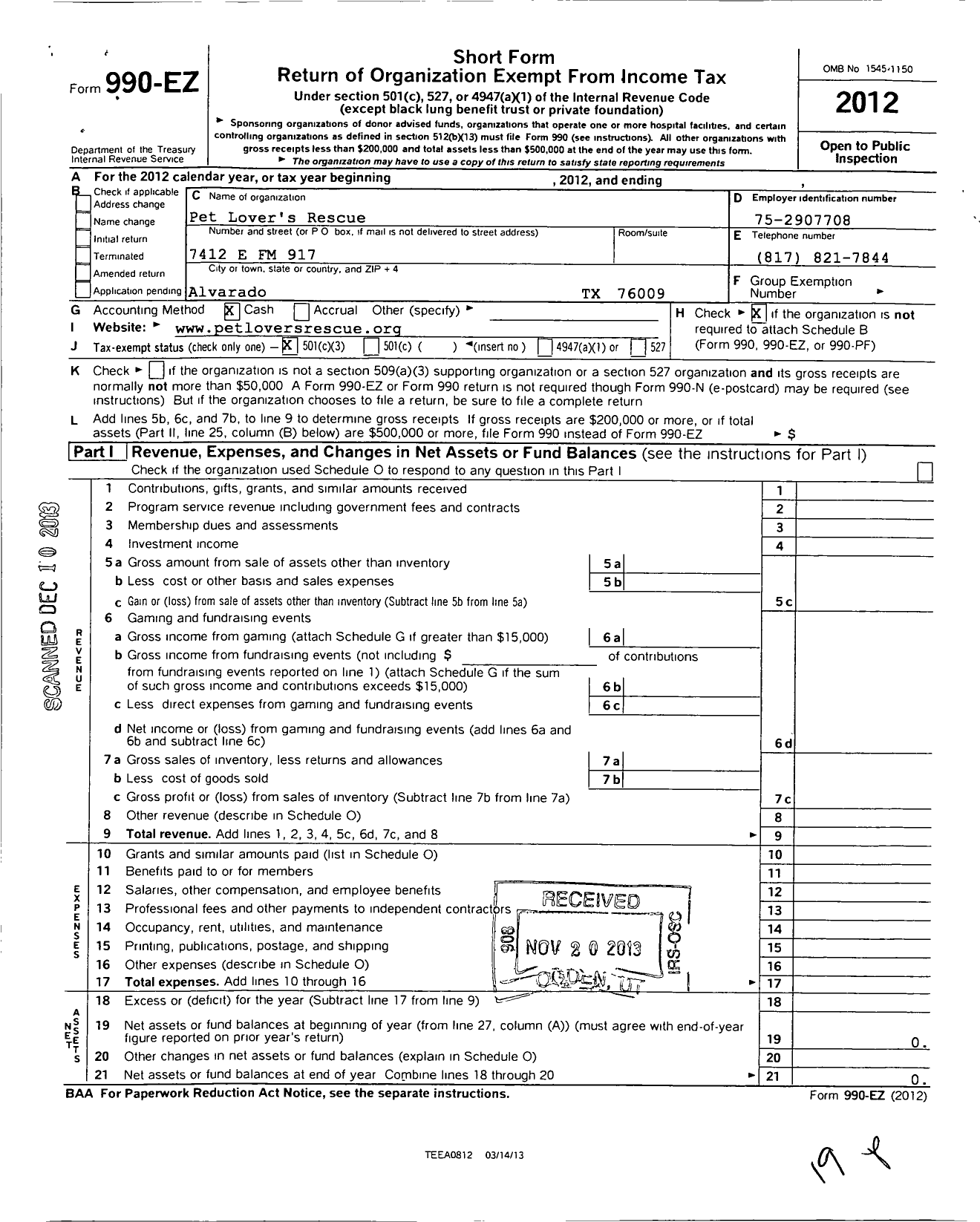 Image of first page of 2012 Form 990EZ for Pet Lover's Rescue