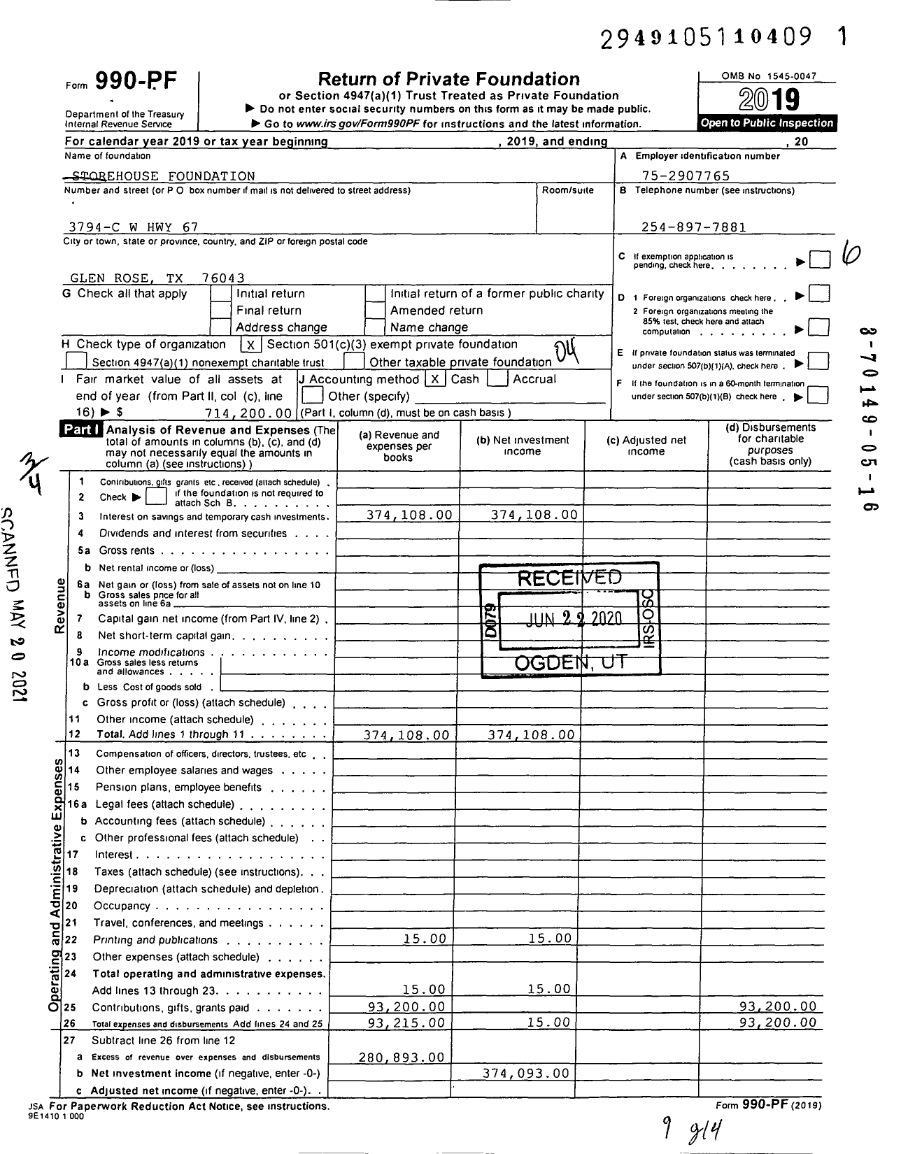 Image of first page of 2019 Form 990PF for Storehouse Foundation