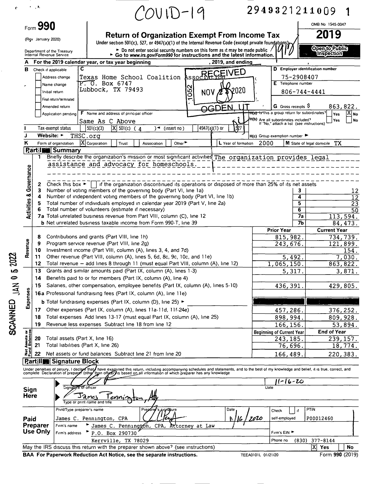 Image of first page of 2019 Form 990O for Texas Home School Coalition Association (THSC)