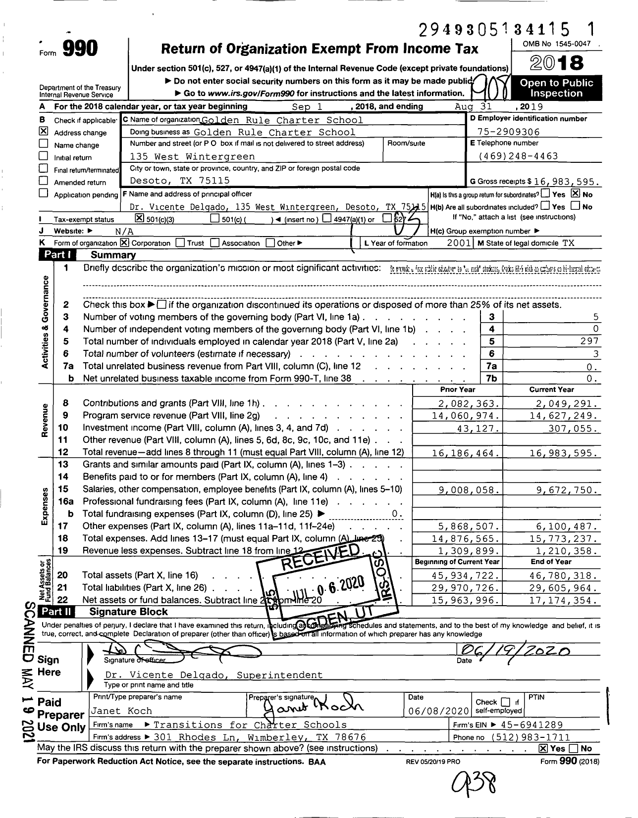 Image of first page of 2018 Form 990 for Golden Rule Charter School