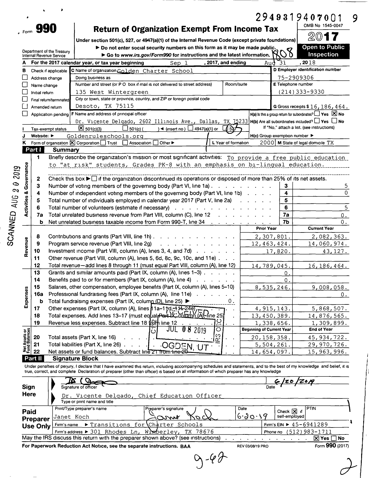 Image of first page of 2017 Form 990 for Golden Rule Charter School