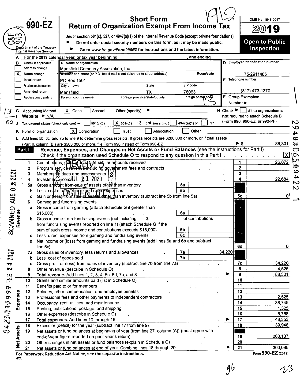 Image of first page of 2019 Form 990EO for Mansfield Cemetery Association