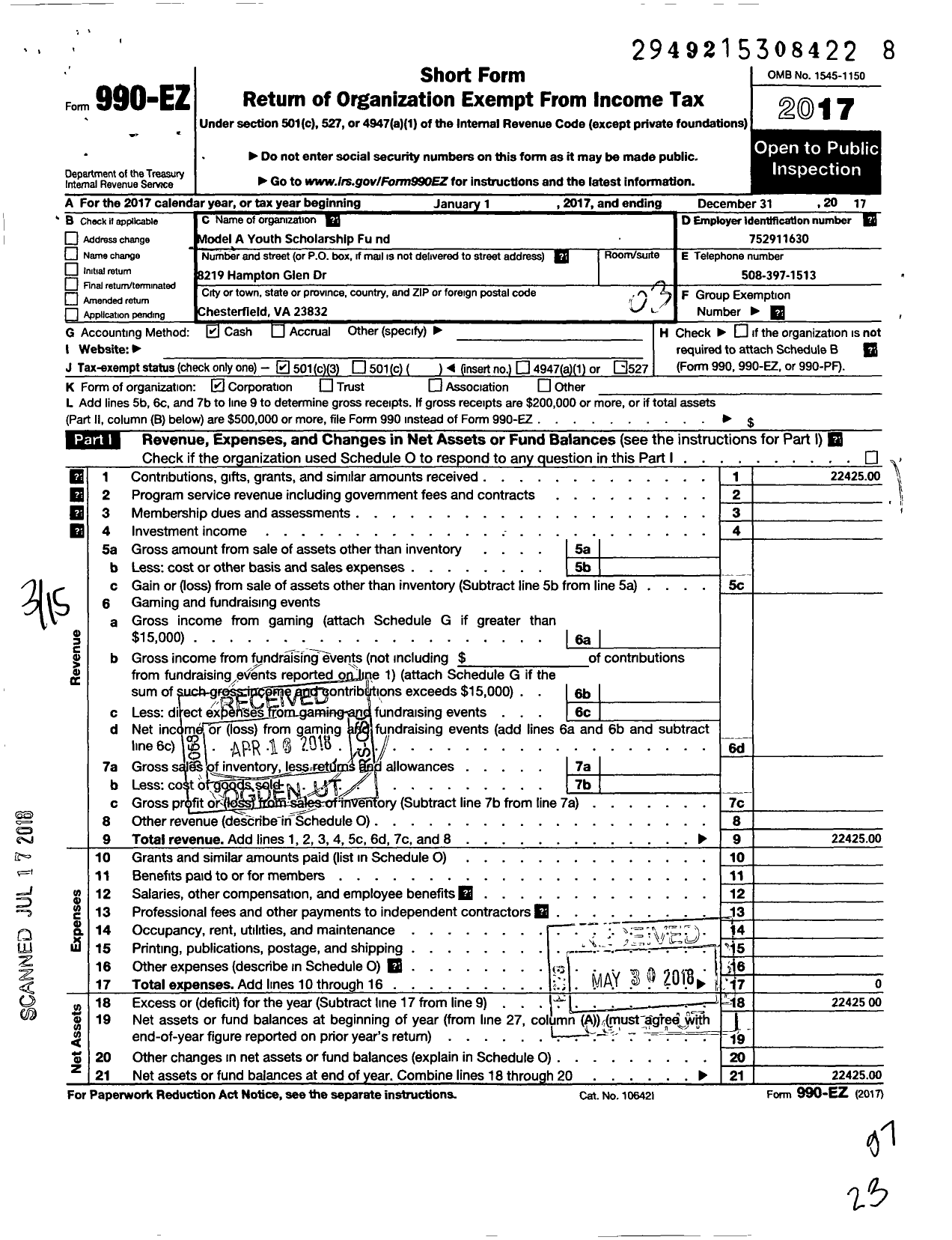 Image of first page of 2017 Form 990EZ for Model A Ford Youth Scholarship Fund