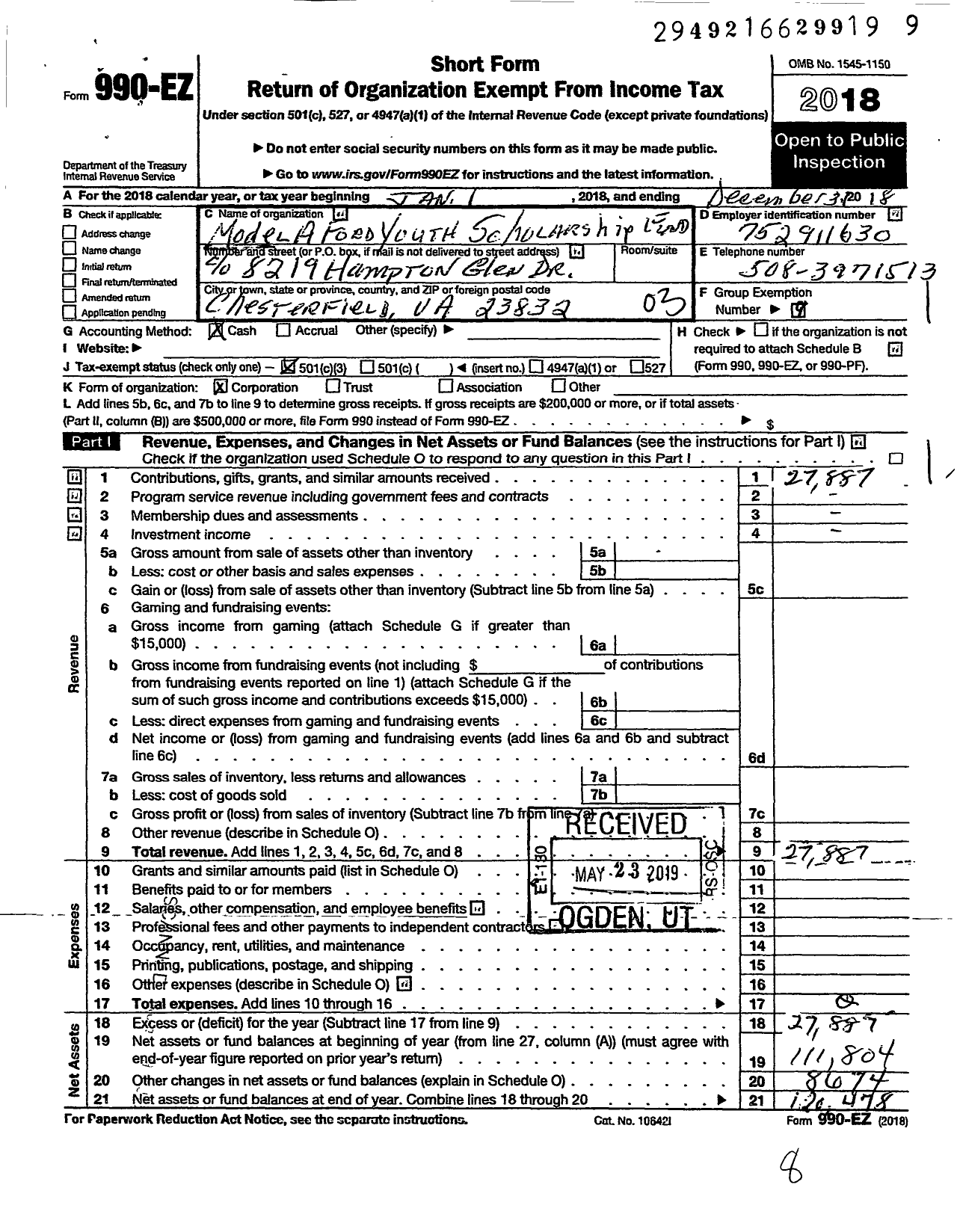 Image of first page of 2018 Form 990EZ for Model A Ford Youth Scholarship Fund