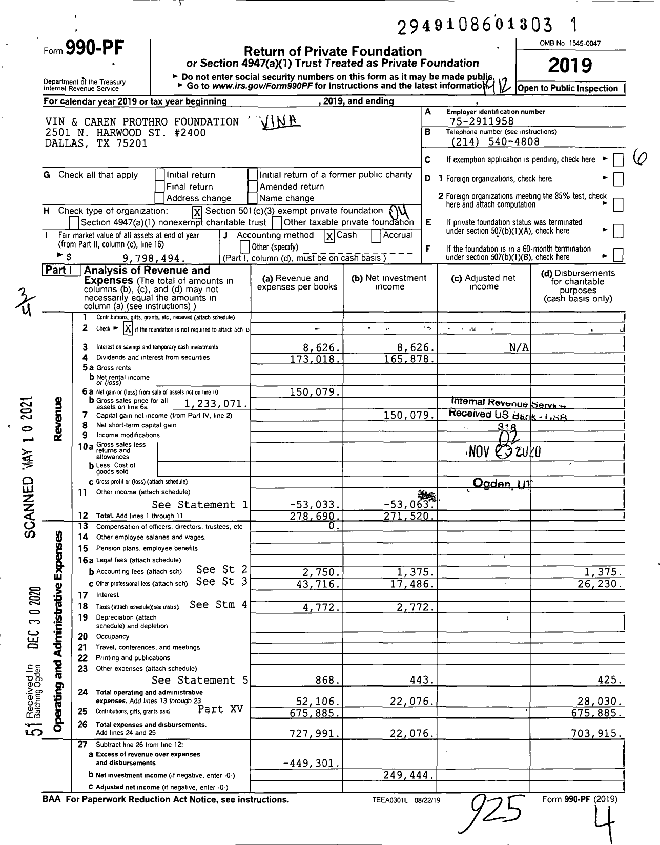 Image of first page of 2019 Form 990PF for Vin and Caren Prothro Foundation