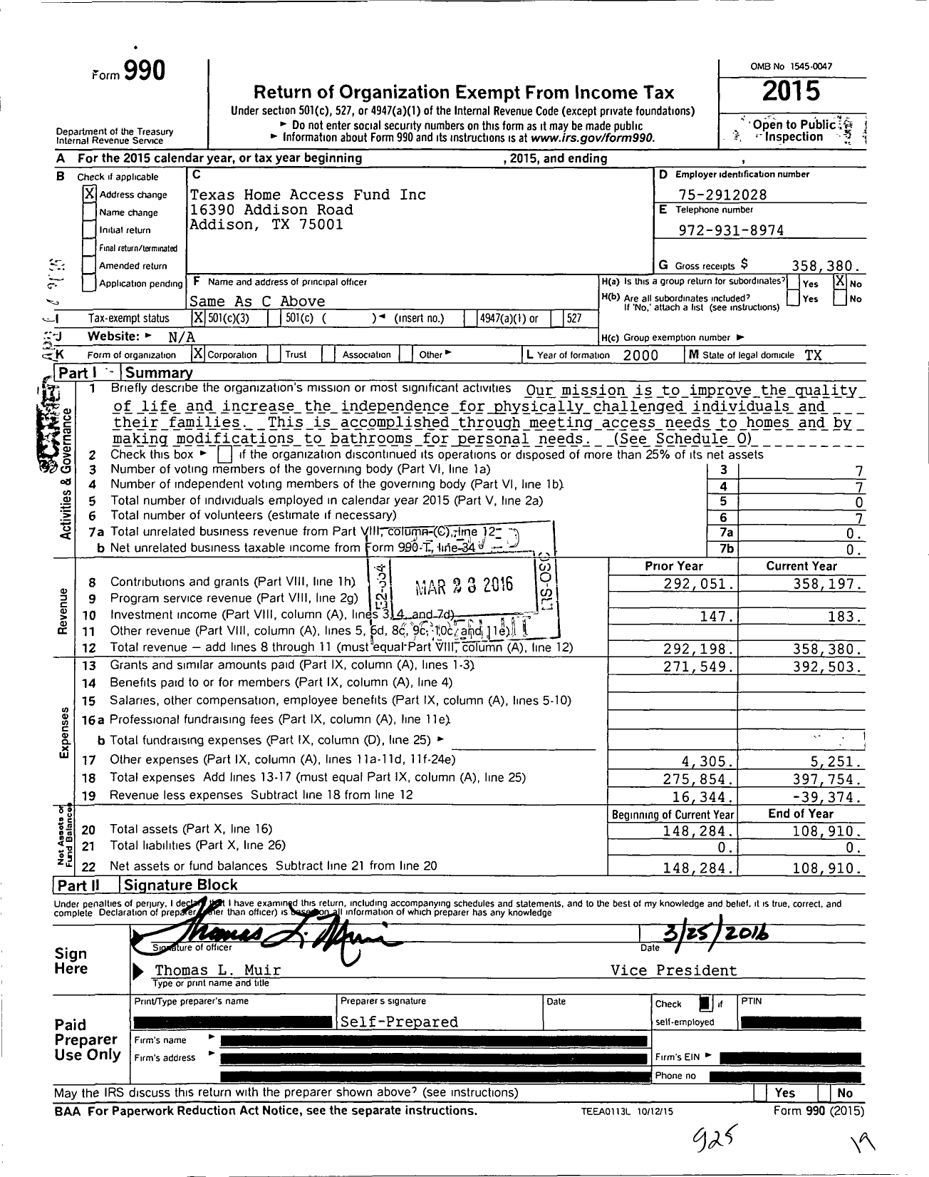 Image of first page of 2015 Form 990 for Texas Home Access Fund