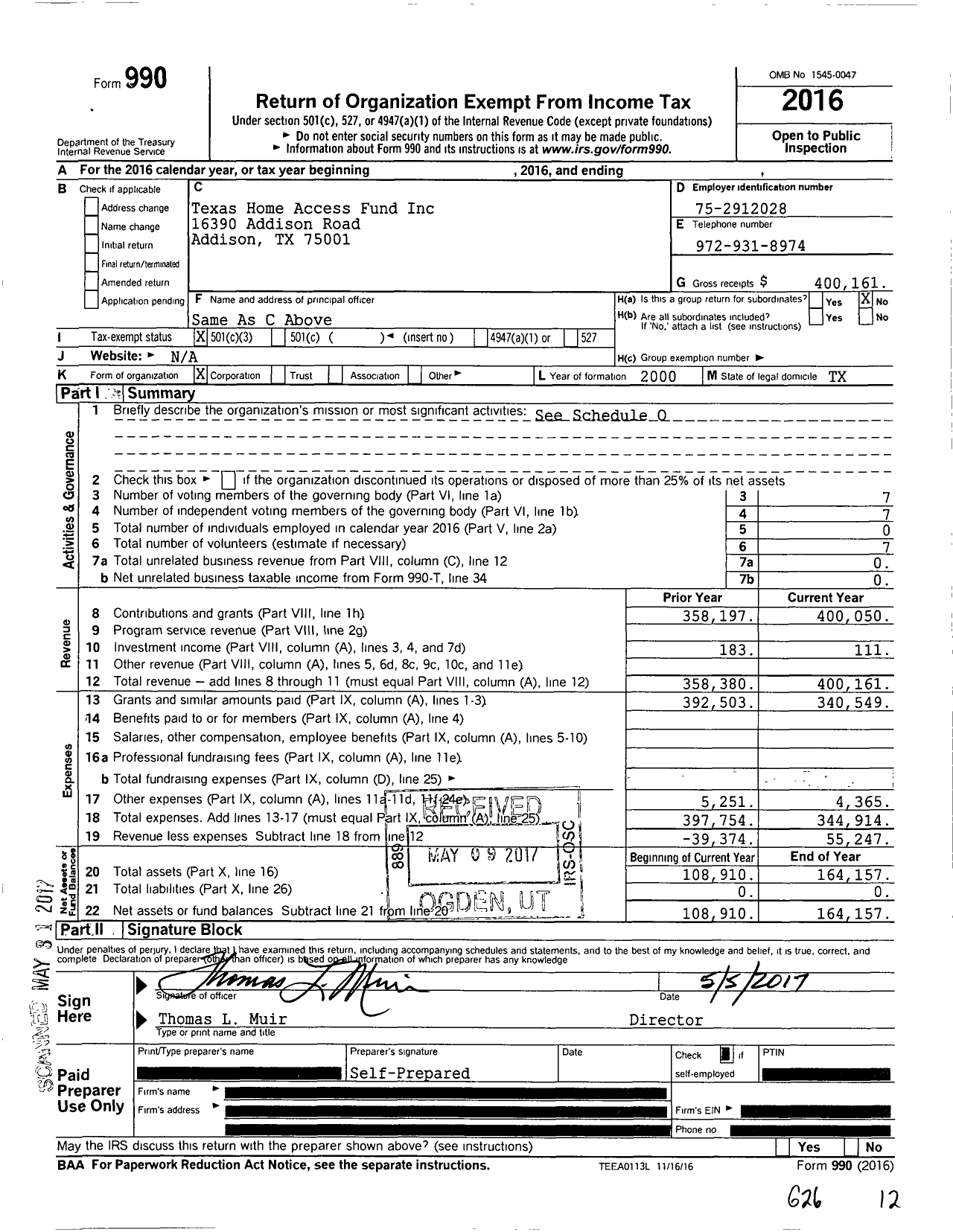 Image of first page of 2016 Form 990 for Texas Home Access Fund