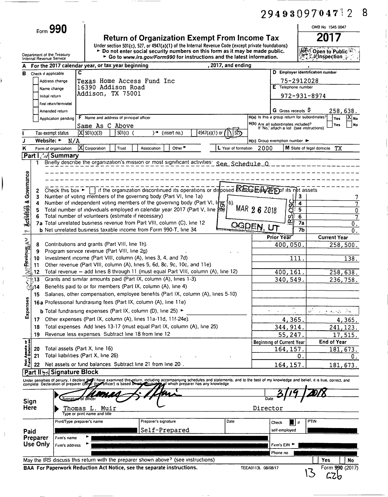 Image of first page of 2017 Form 990 for Texas Home Access Fund