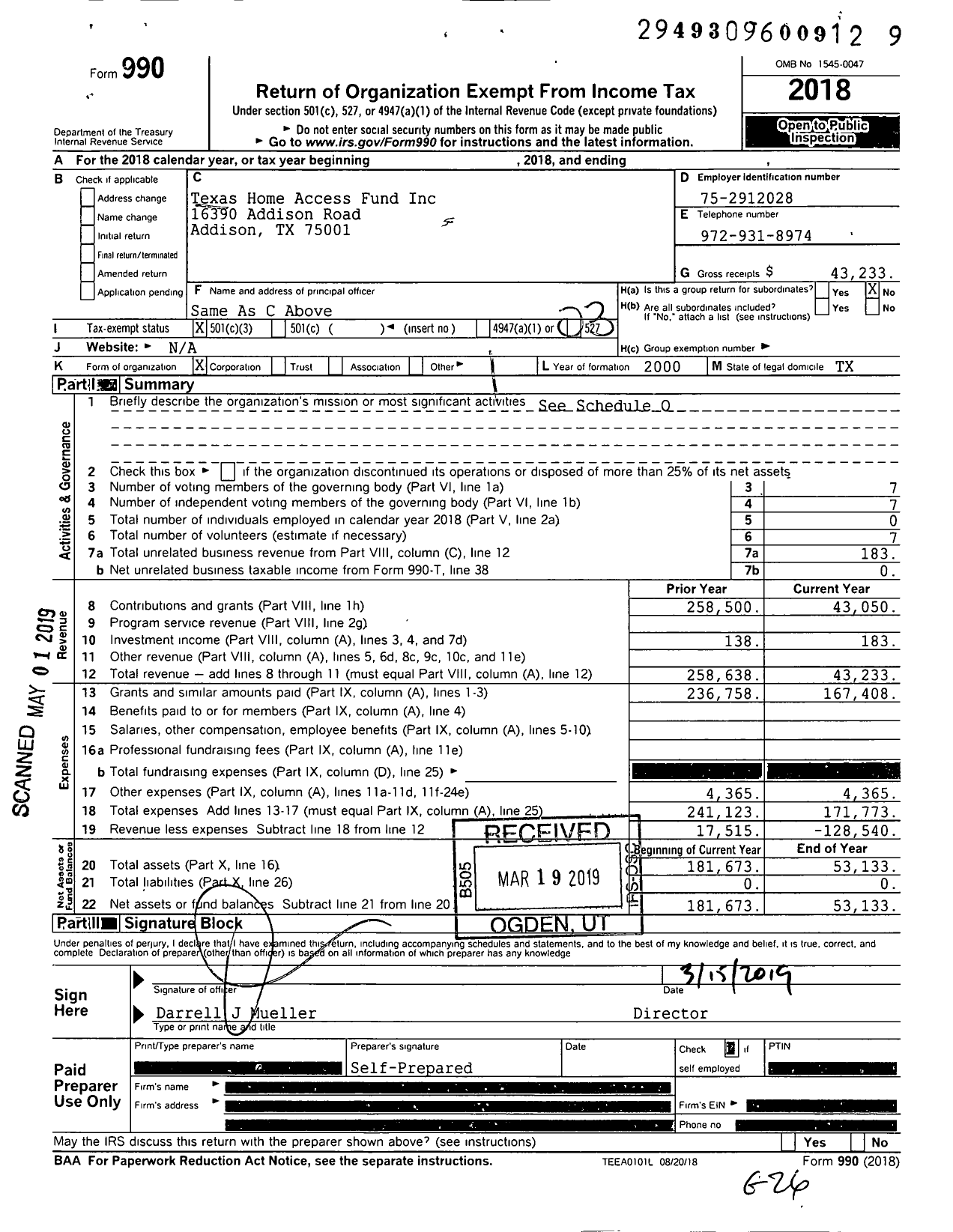 Image of first page of 2018 Form 990 for Texas Home Access Fund