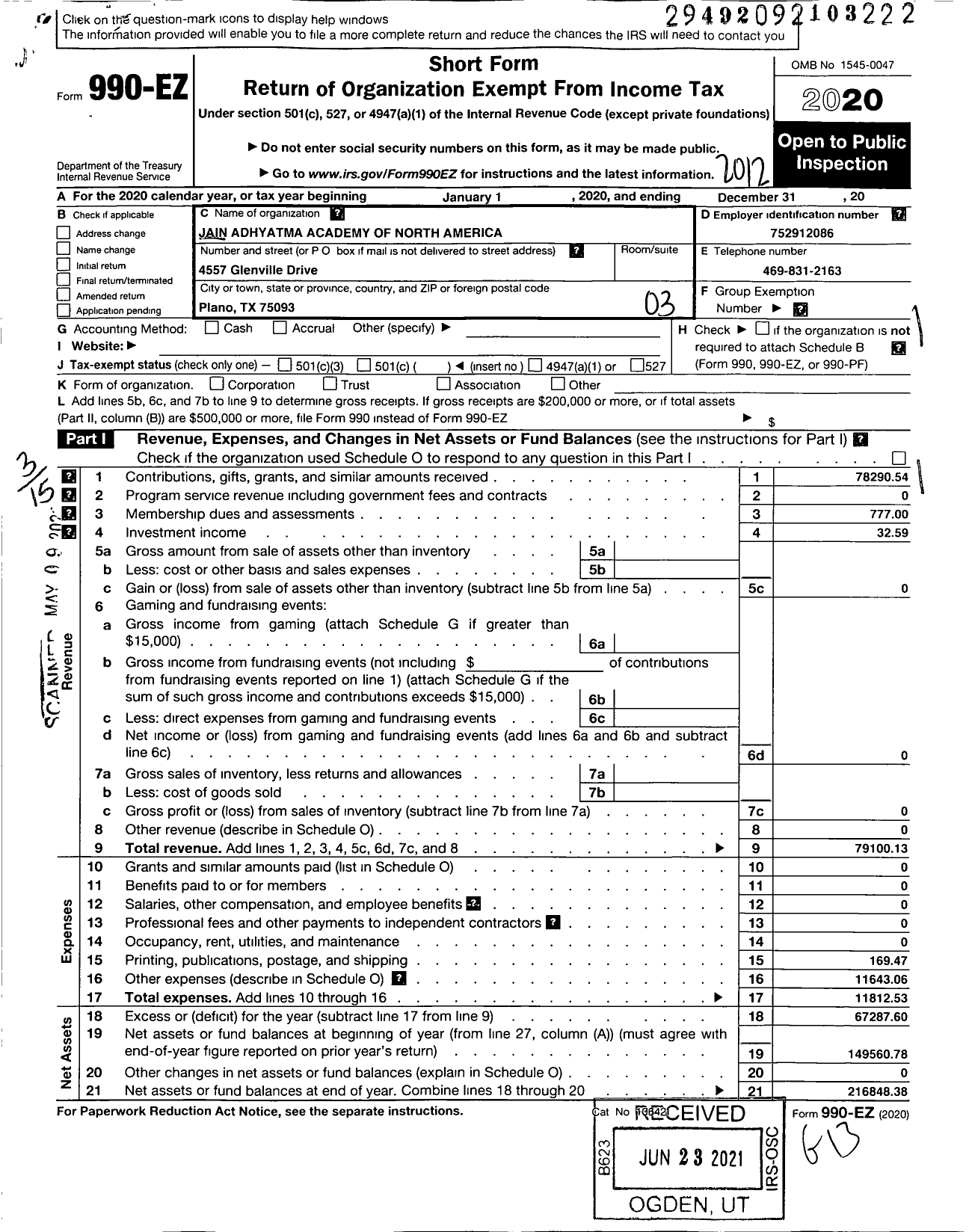 Image of first page of 2020 Form 990EZ for Jain Adhyatma Academy of North America (JAANA)