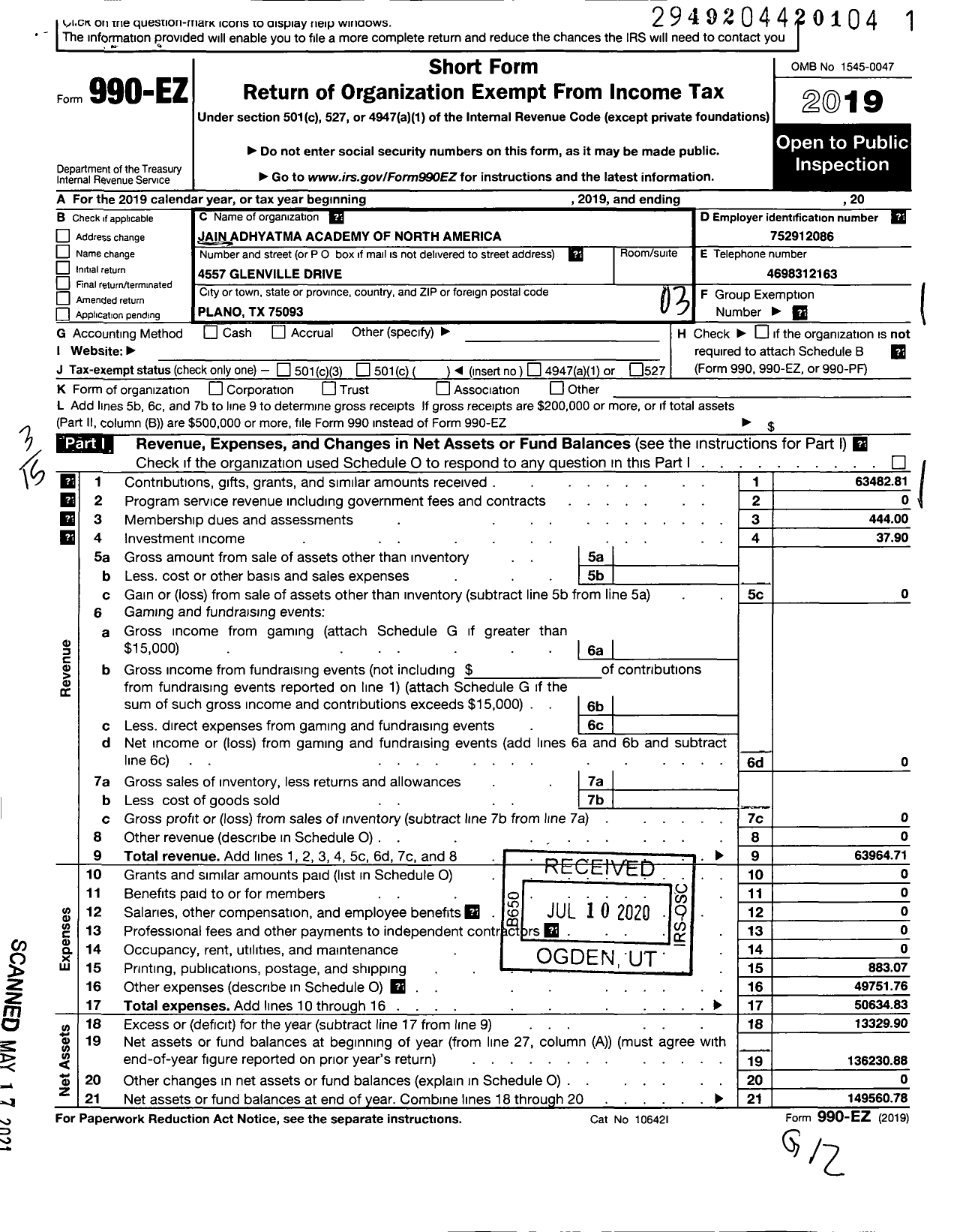 Image of first page of 2019 Form 990EZ for Jain Adhyatma Academy of North America (JAANA)