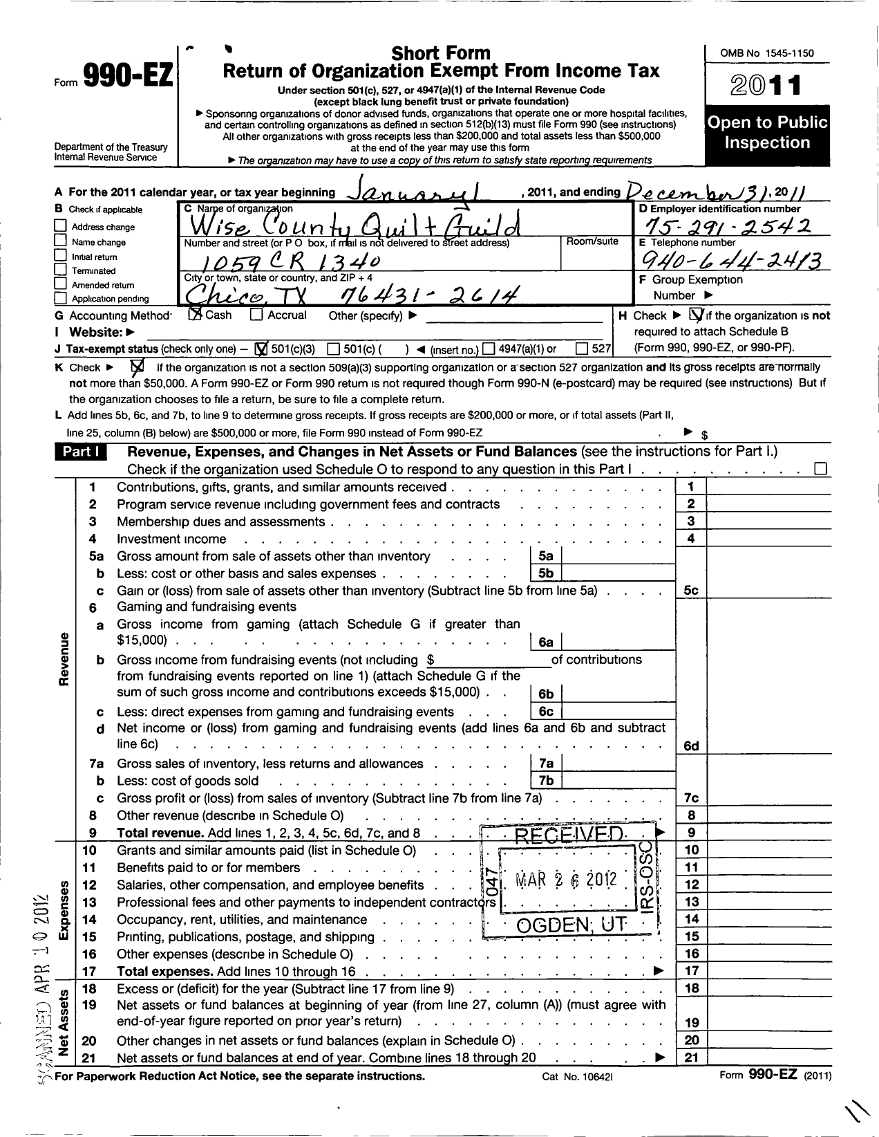 Image of first page of 2011 Form 990EZ for Wise County Quilt Guild