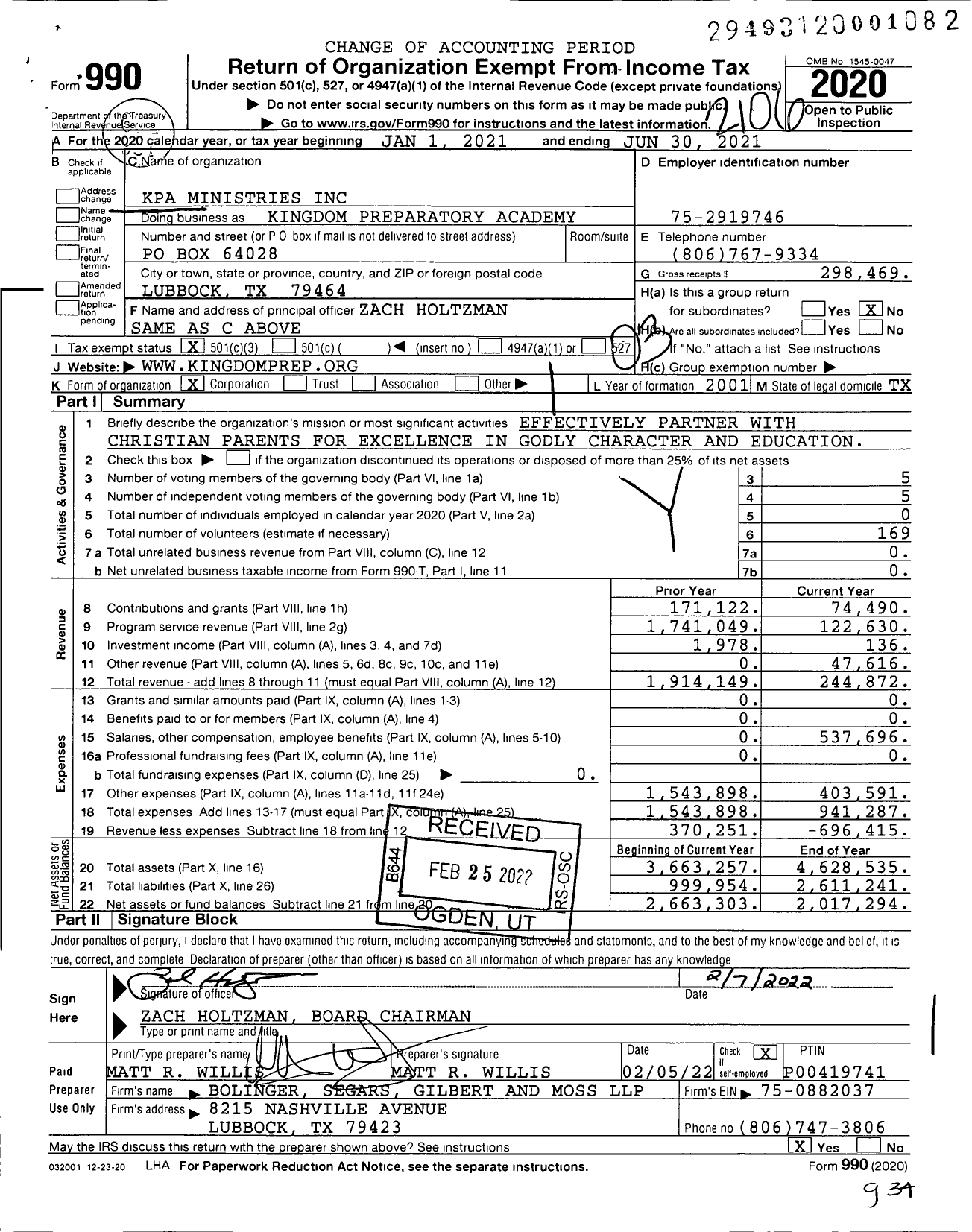 Image of first page of 2020 Form 990 for Kingdom Preparatory Academy / Kpa Ministries Inc