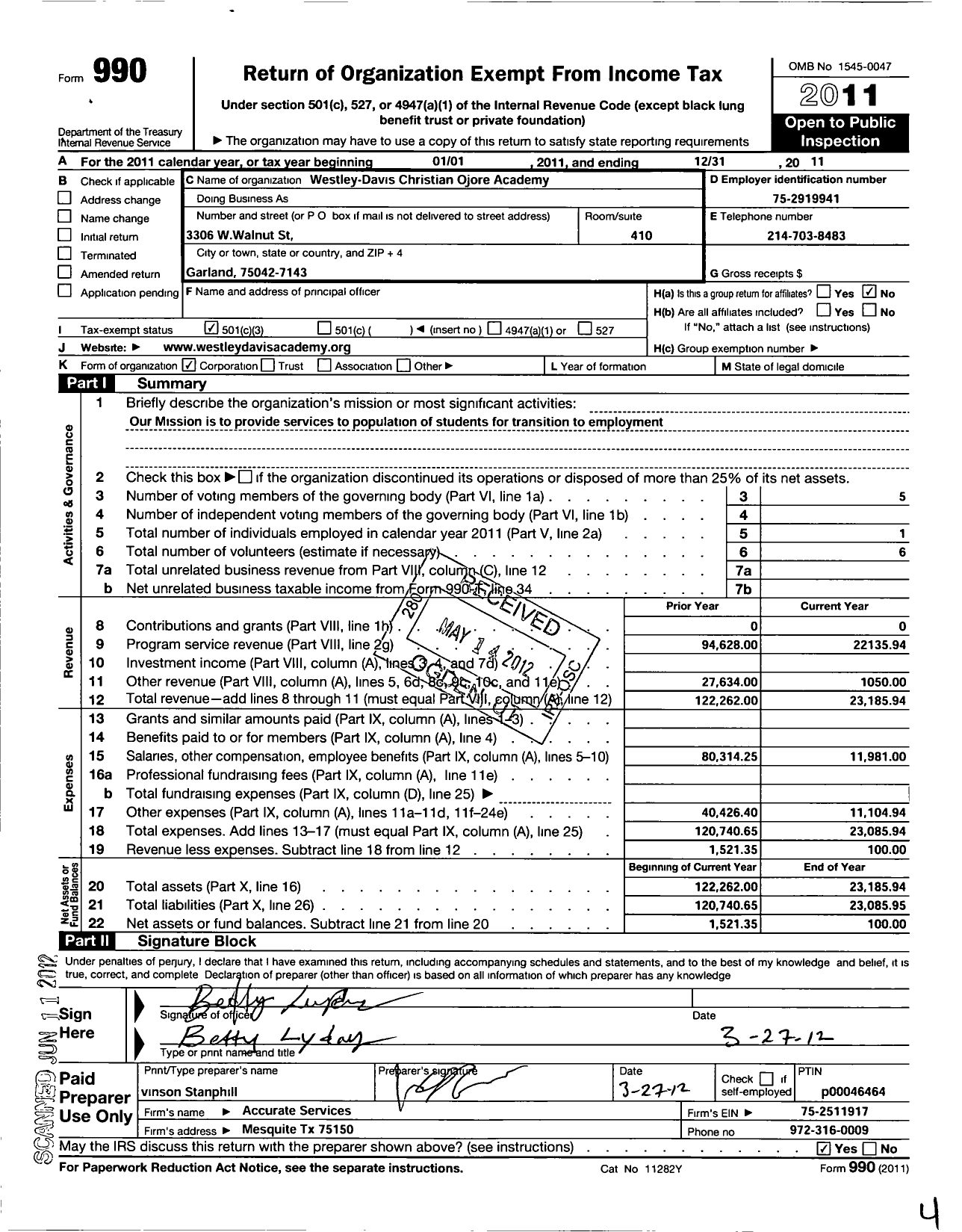 Image of first page of 2011 Form 990 for Westley-Davis Christian Ojore Academy