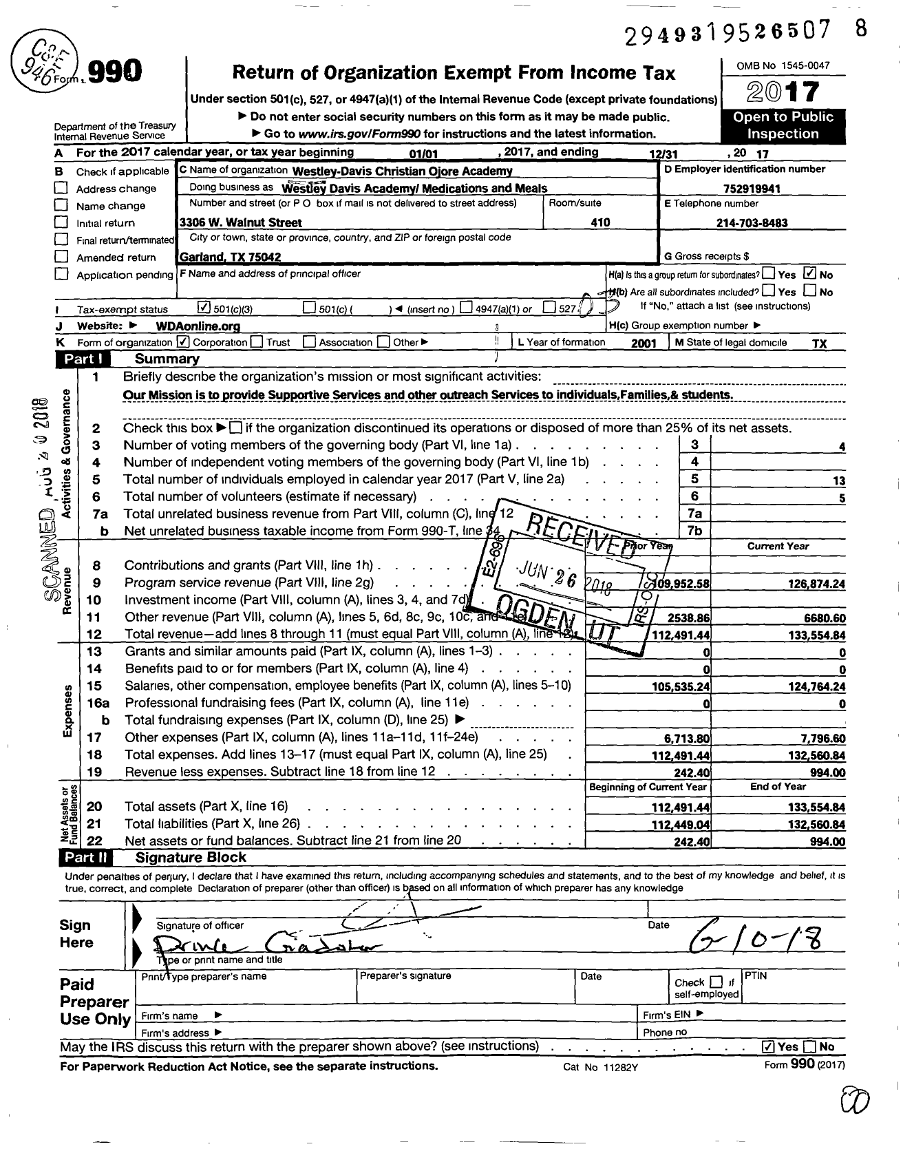 Image of first page of 2017 Form 990 for Westley-Davis Christian Ojore Academy