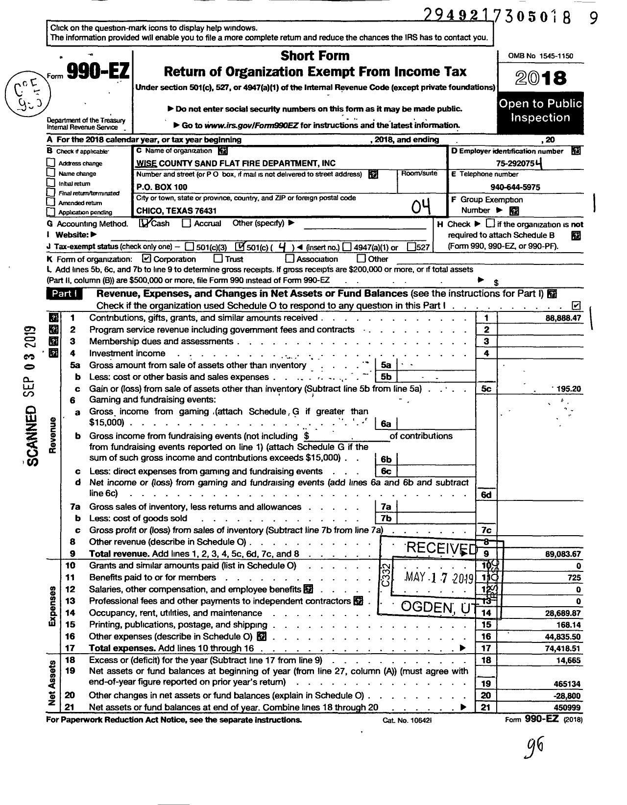 Image of first page of 2018 Form 990EO for Wise County Sand Flat Fire Department