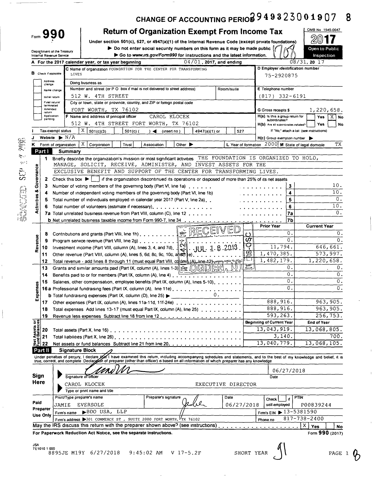 Image of first page of 2016 Form 990 for FOundation for The Center for Transforming Lives