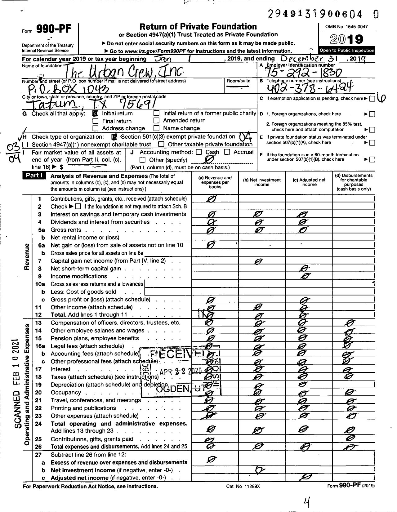 Image of first page of 2019 Form 990PF for Urban Crew