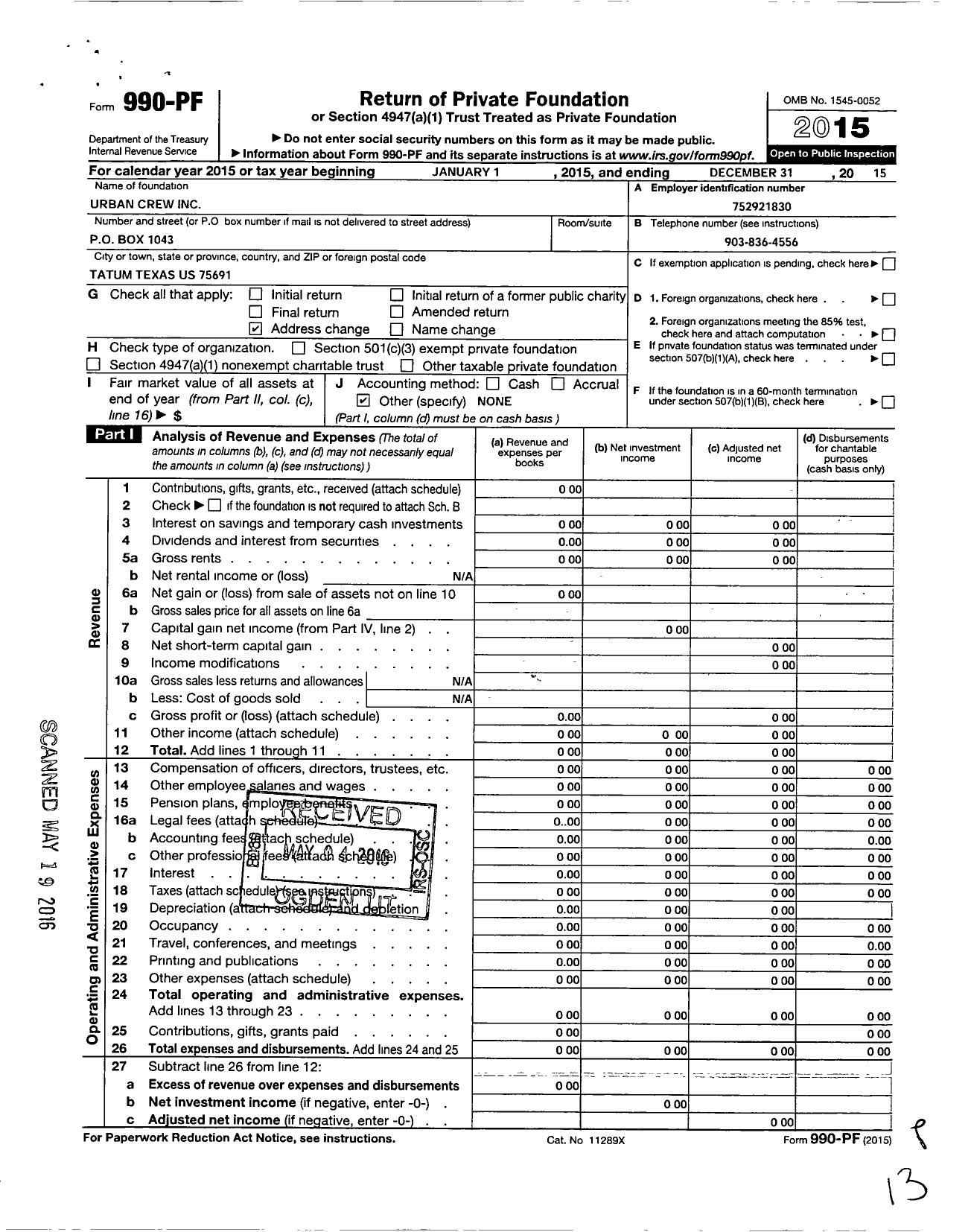 Image of first page of 2015 Form 990PF for Urban Crew