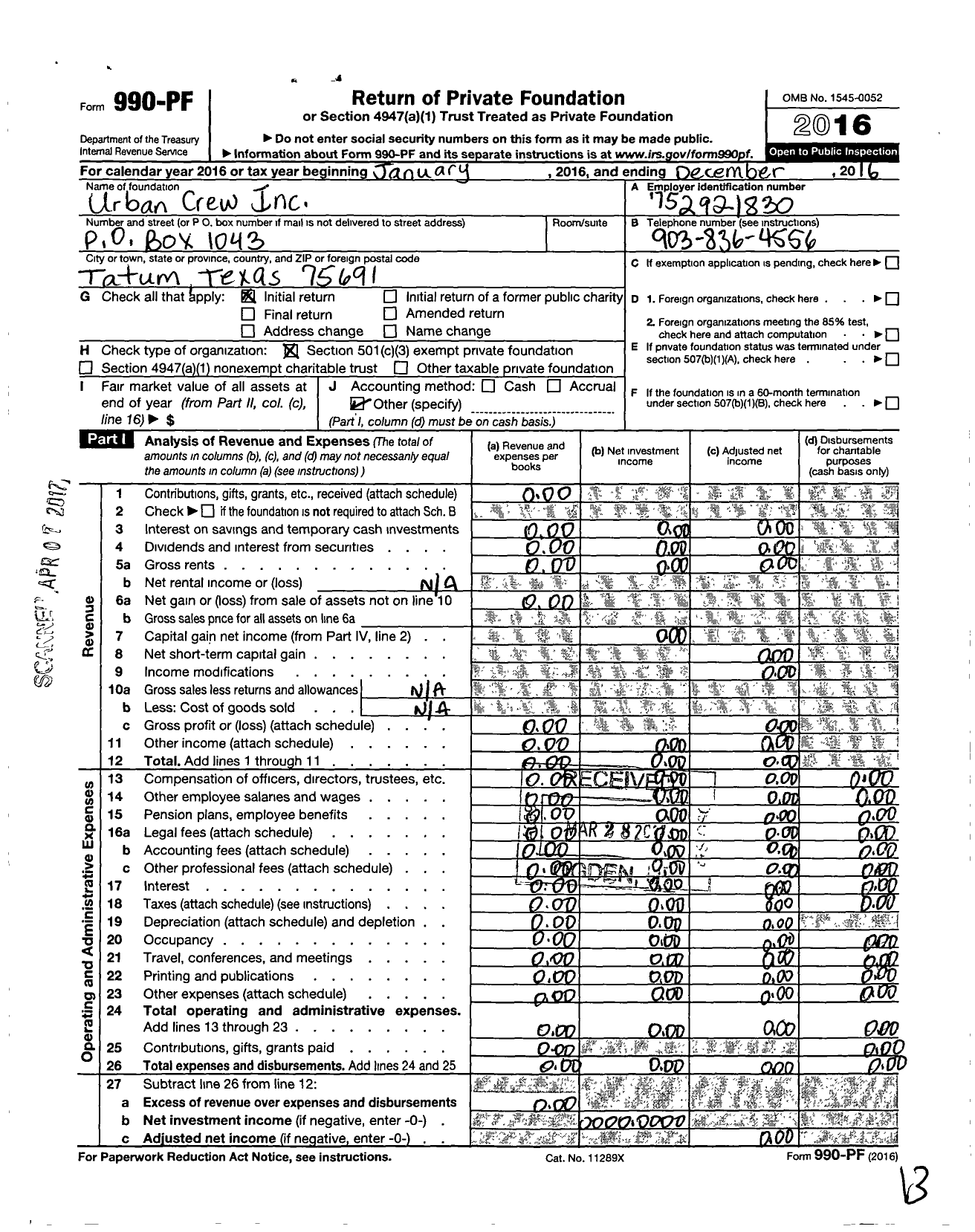 Image of first page of 2016 Form 990PF for Urban Crew