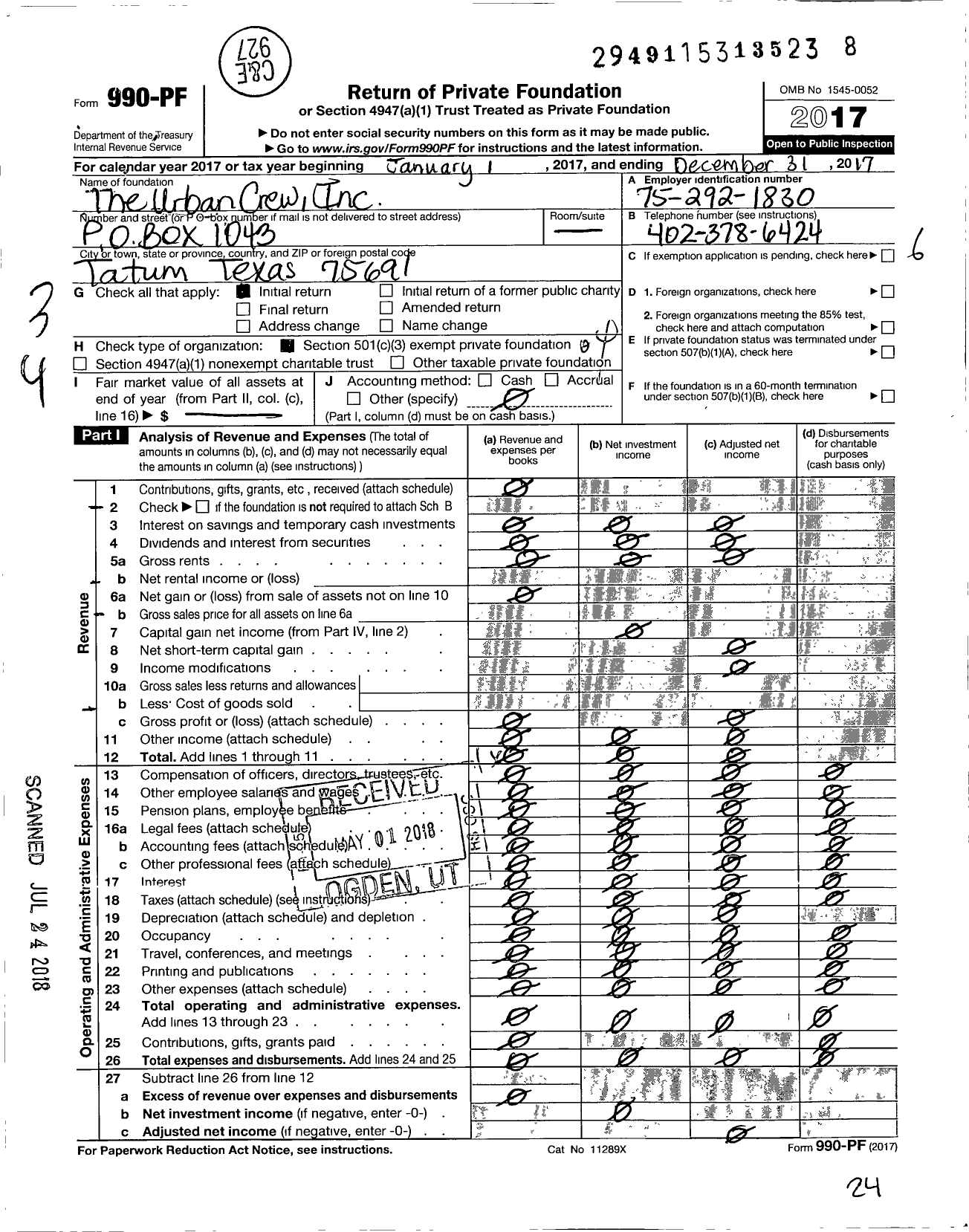 Image of first page of 2017 Form 990PF for Urban Crew
