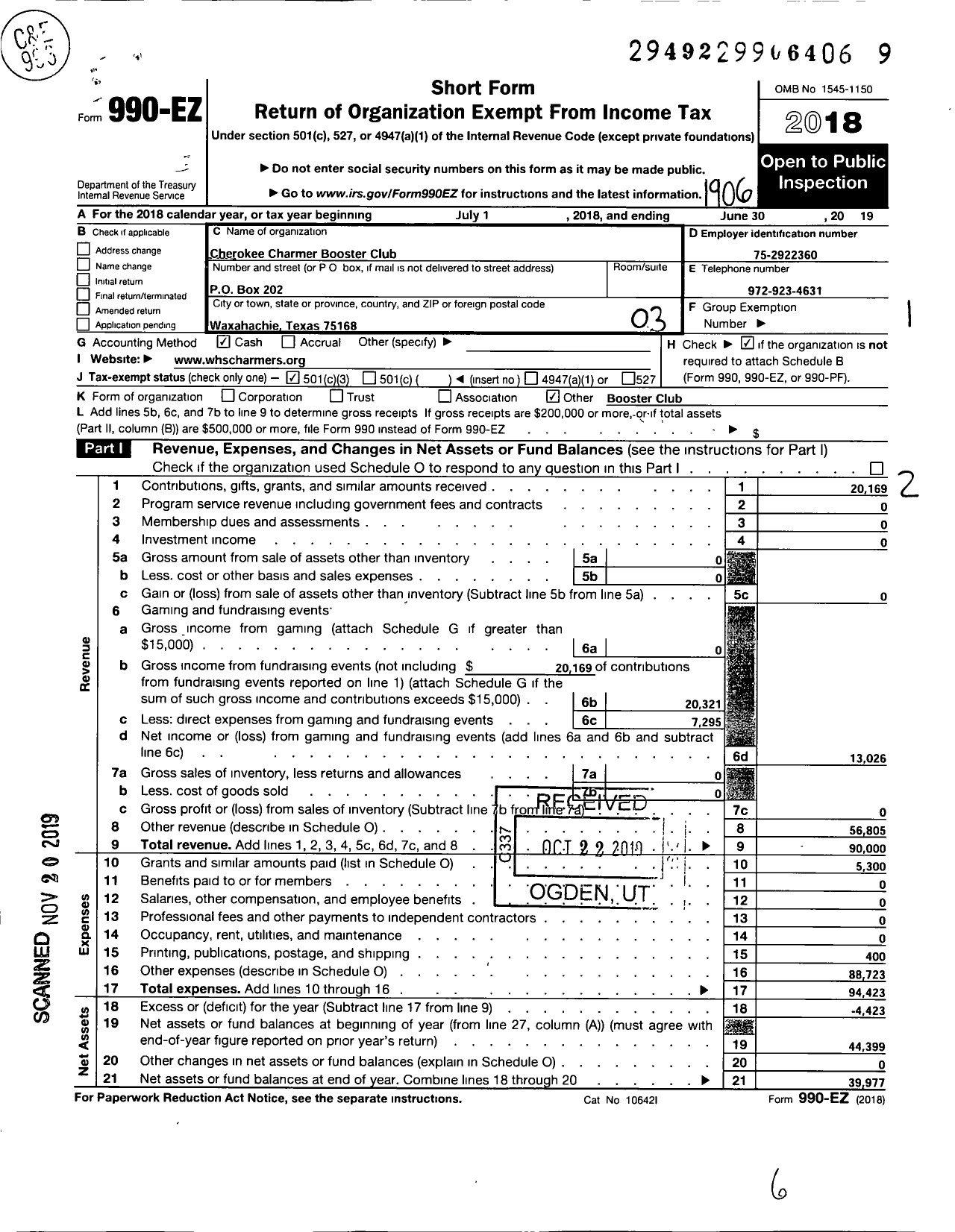 Image of first page of 2018 Form 990EZ for Cherokee Charmers Booster Club