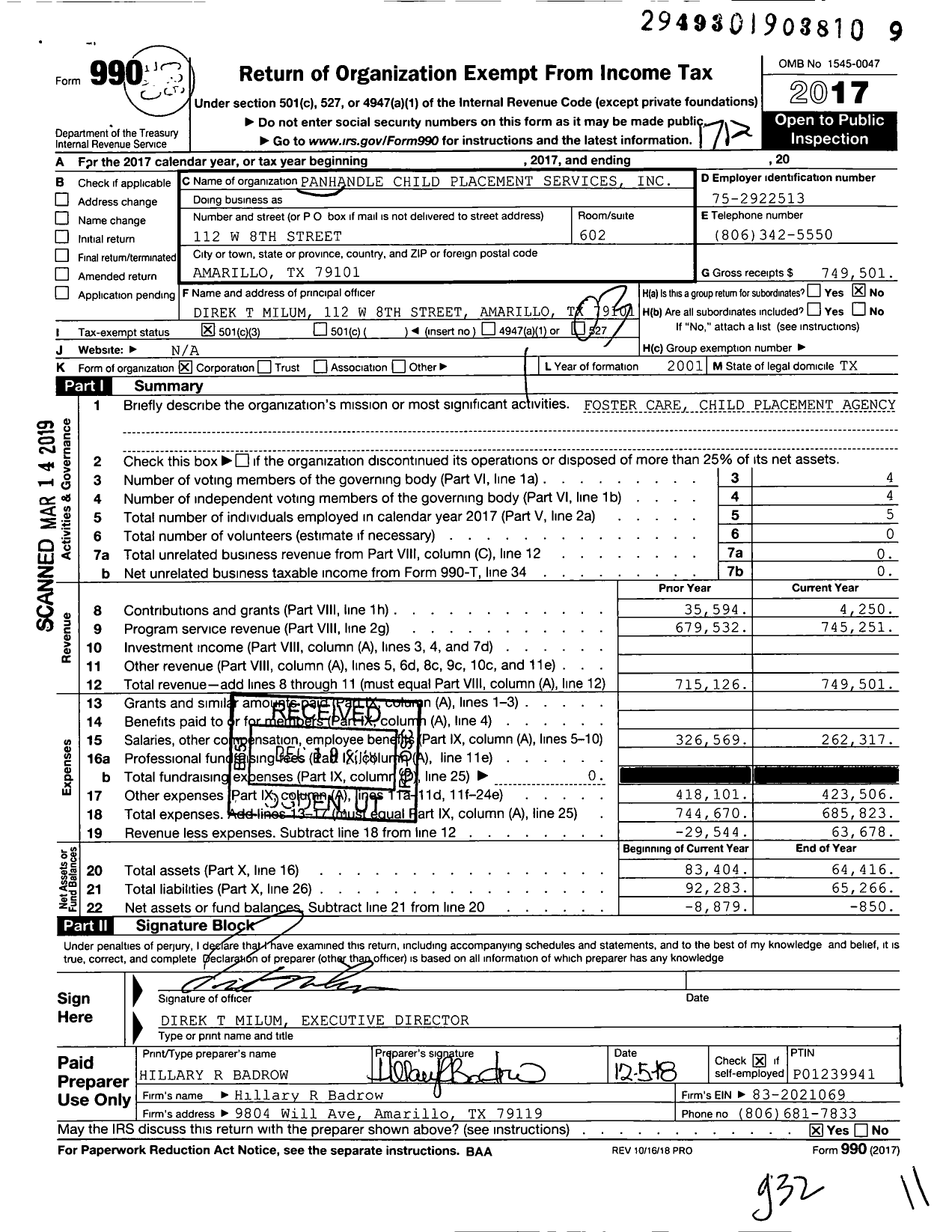Image of first page of 2017 Form 990 for Panhandle Child Placement Services