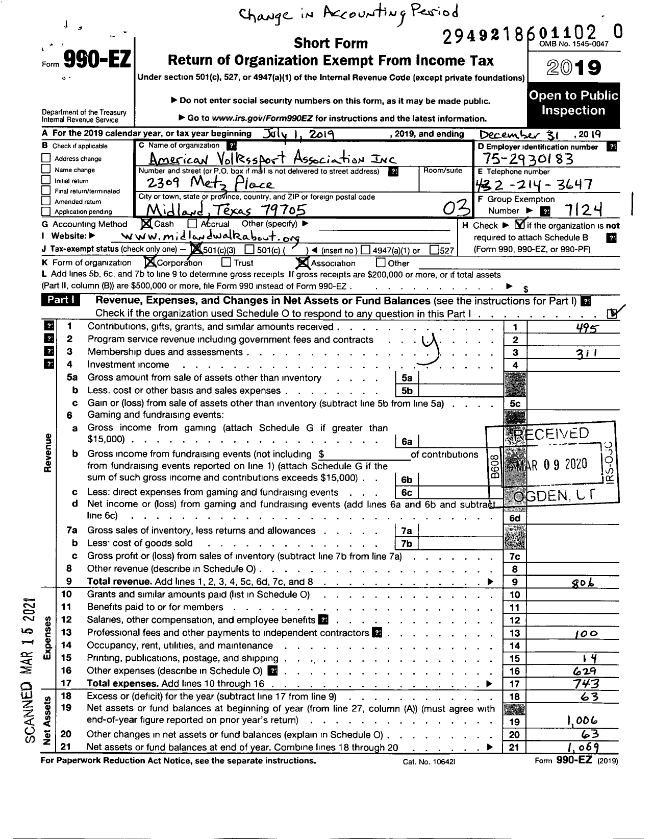 Image of first page of 2019 Form 990EZ for American Volkssport Association - 0897 Midland Walkabout