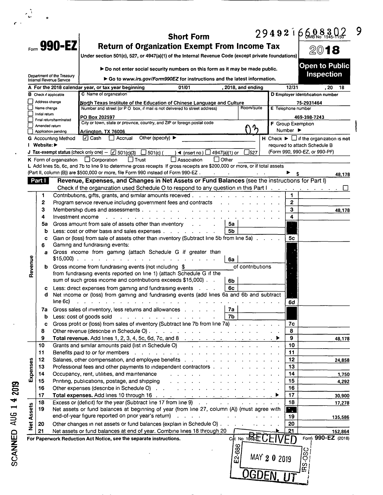 Image of first page of 2018 Form 990EZ for North Texas Institute for the Educ of Chinese Language and Culture