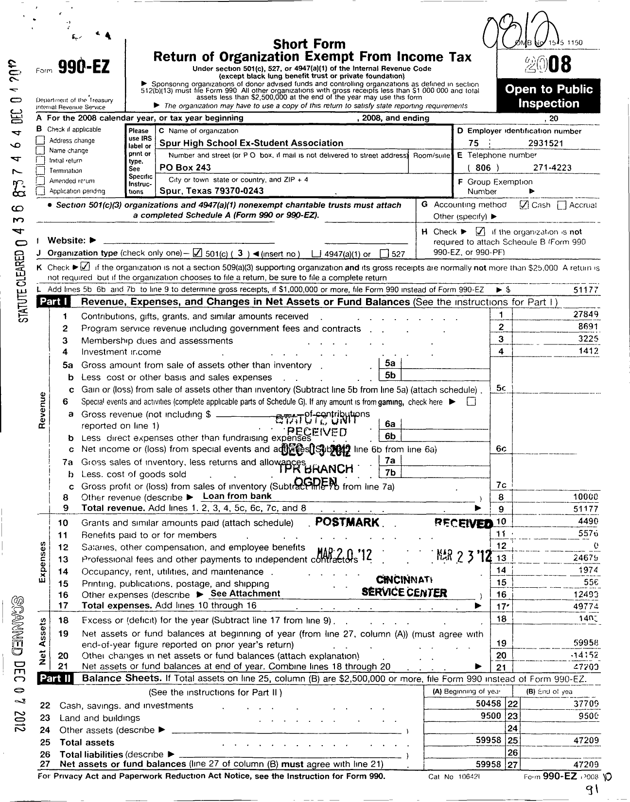 Image of first page of 2008 Form 990EZ for Spur High School Ex-Student Association