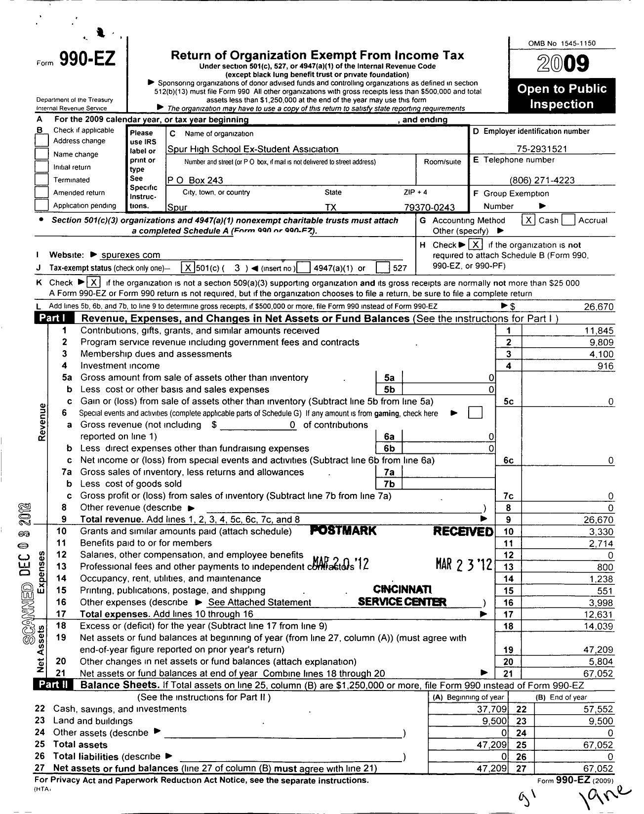 Image of first page of 2009 Form 990EZ for Spur High School Ex-Student Association