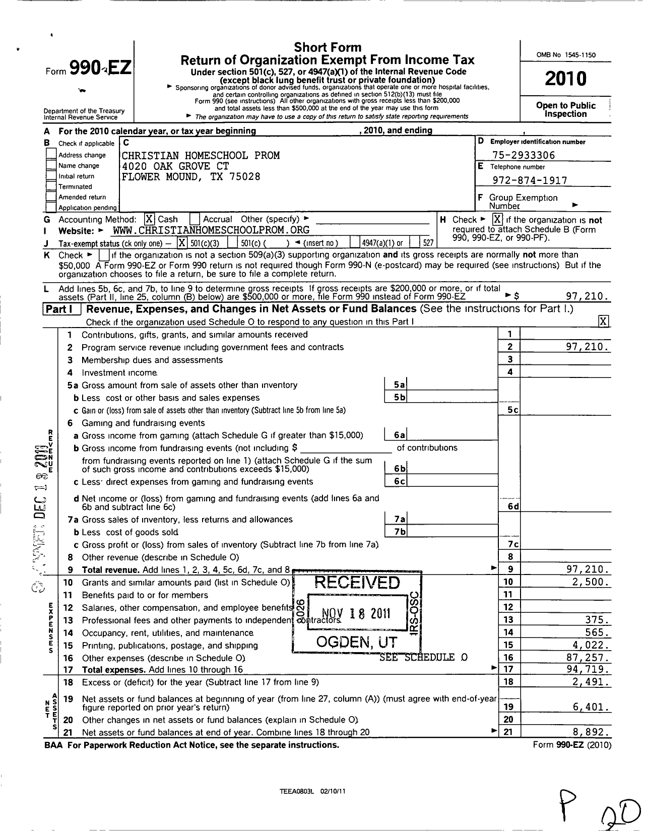 Image of first page of 2010 Form 990EZ for Christian Homeschool Prom