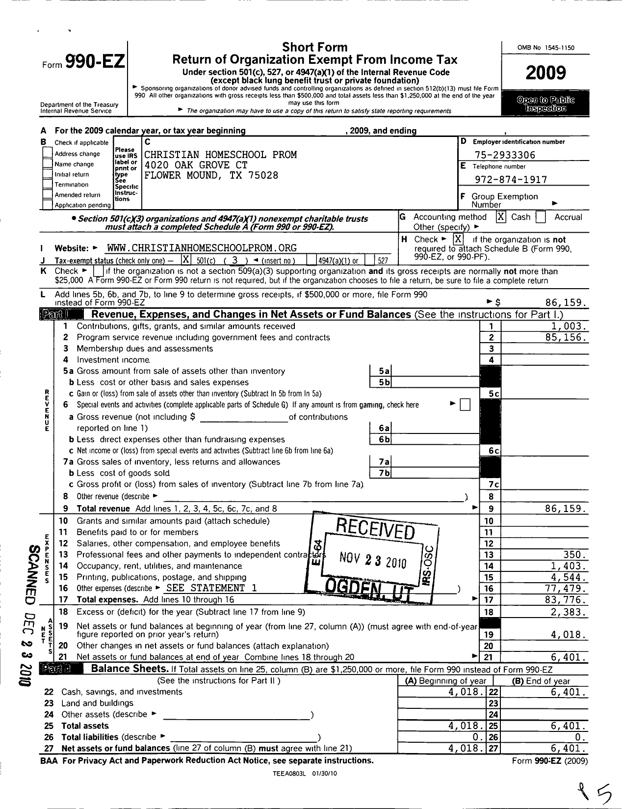 Image of first page of 2009 Form 990EZ for Christian Homeschool Prom