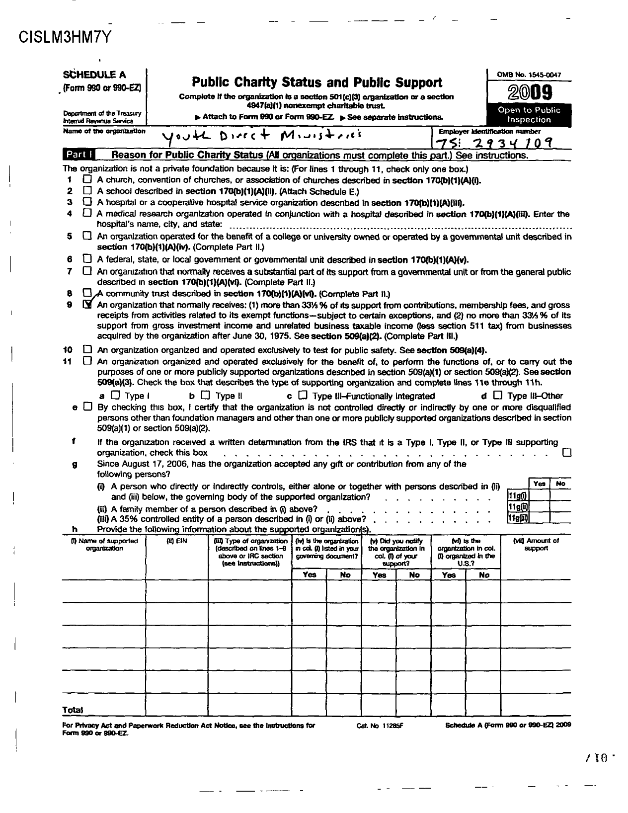 Image of first page of 2009 Form 990ER for Youth Direct Ministries