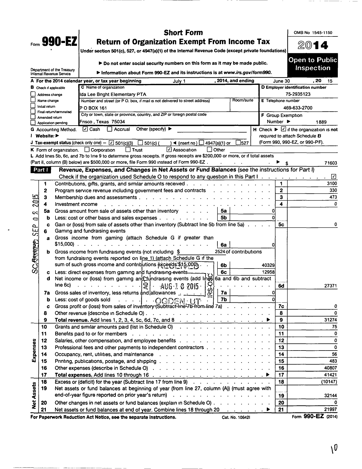 Image of first page of 2014 Form 990EZ for Texas PTA - 10089 Bright Academy PTA