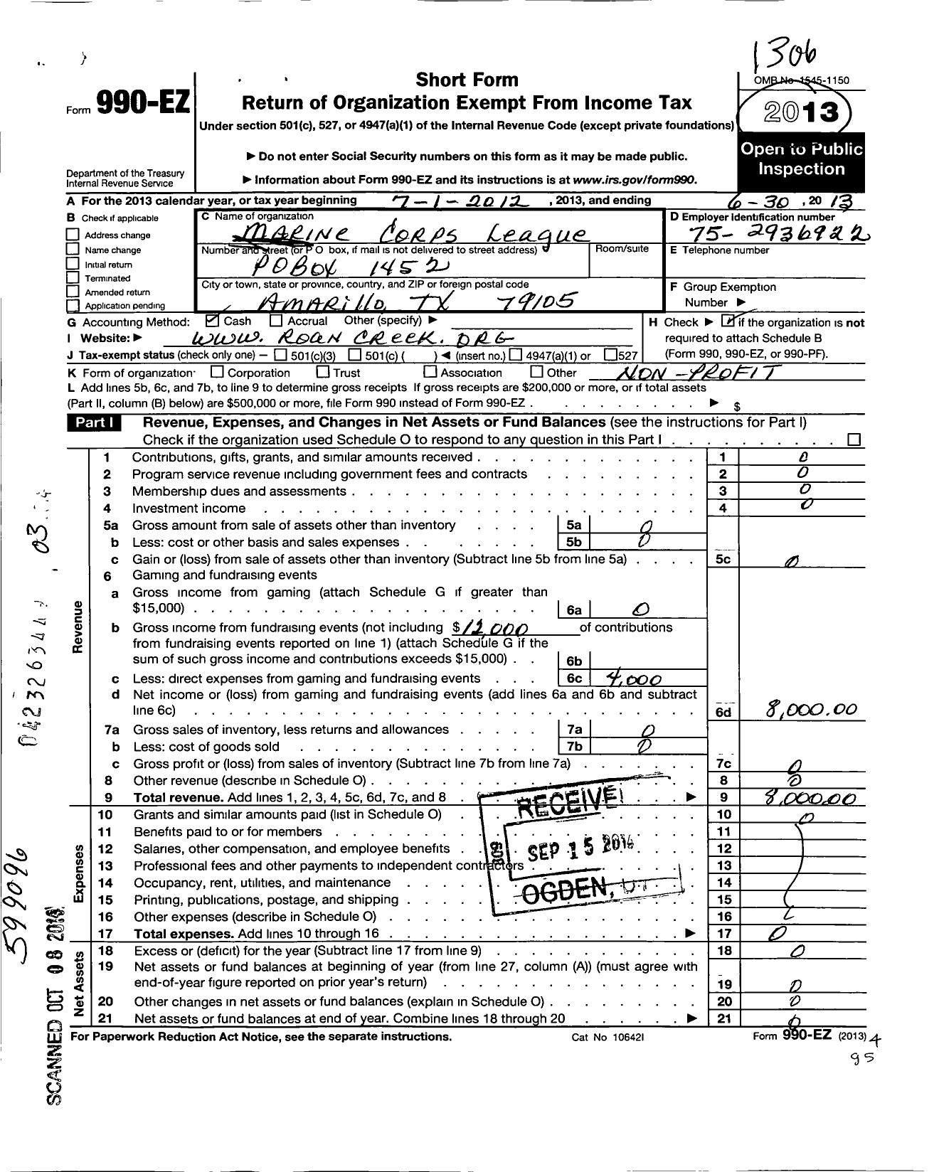 Image of first page of 2012 Form 990EO for Marine Corps League - 992 MCL Roan Creek Detachment