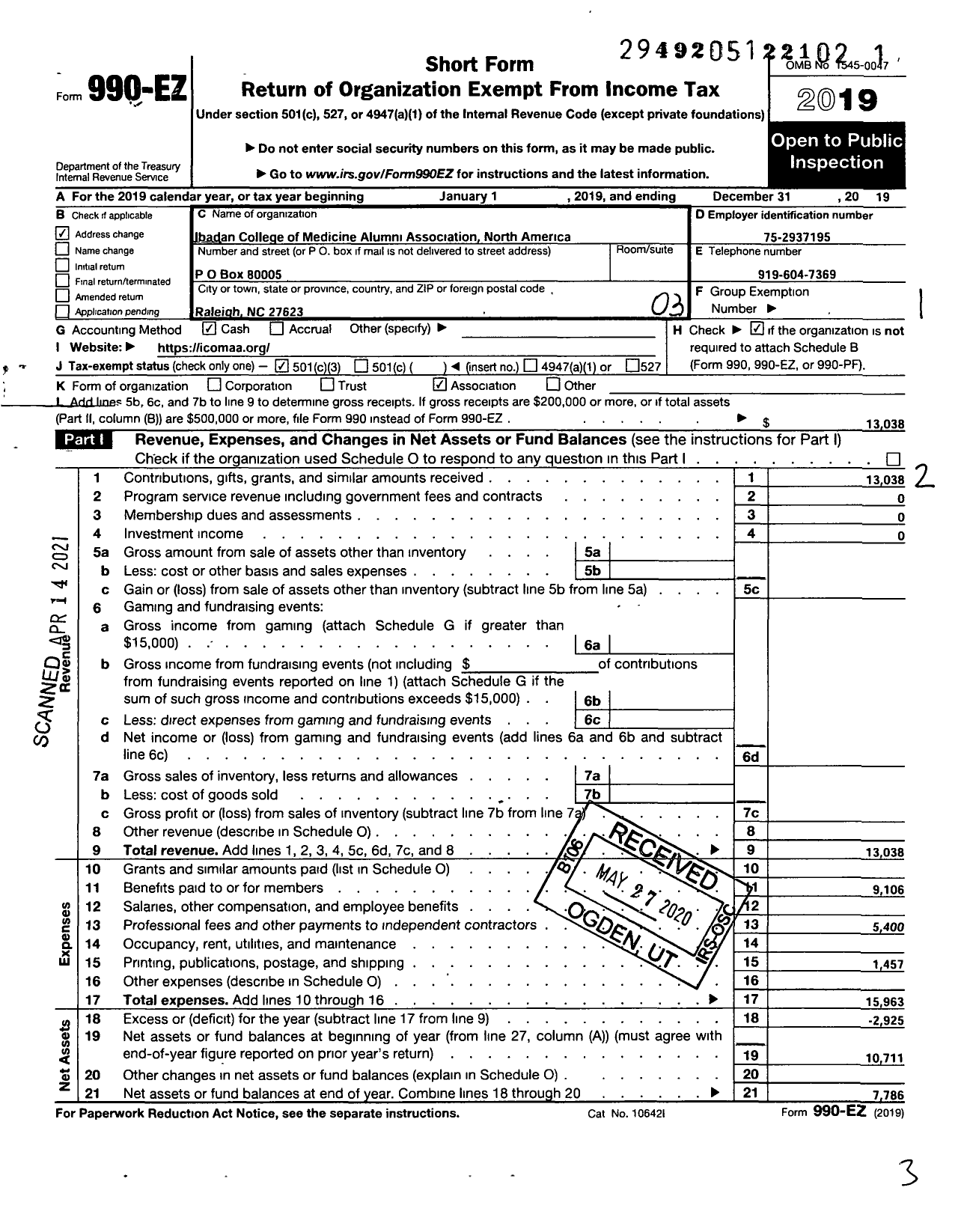 Image of first page of 2019 Form 990EZ for Ibadan College of Medicine Alumni Association North America