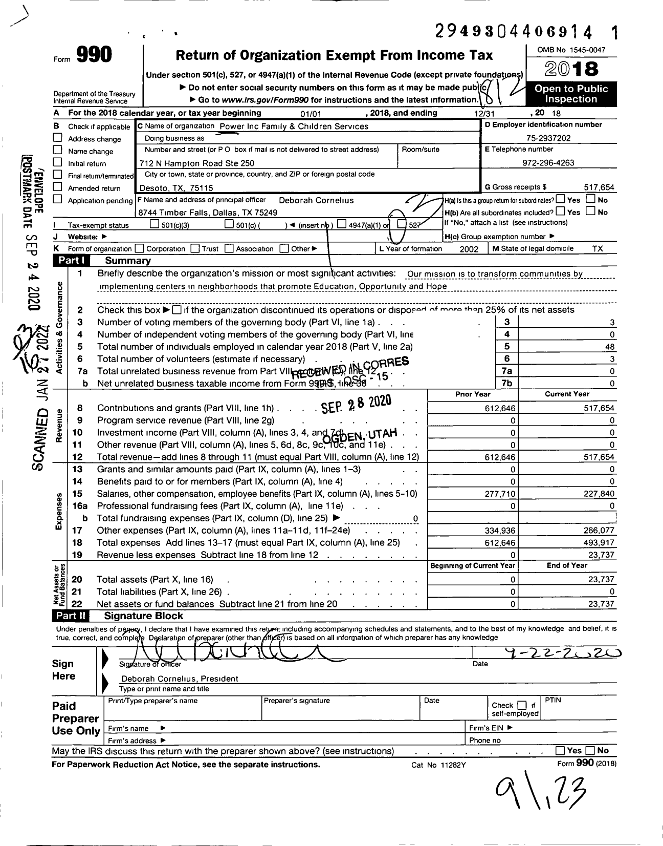 Image of first page of 2018 Form 990 for Power Family and Children Services